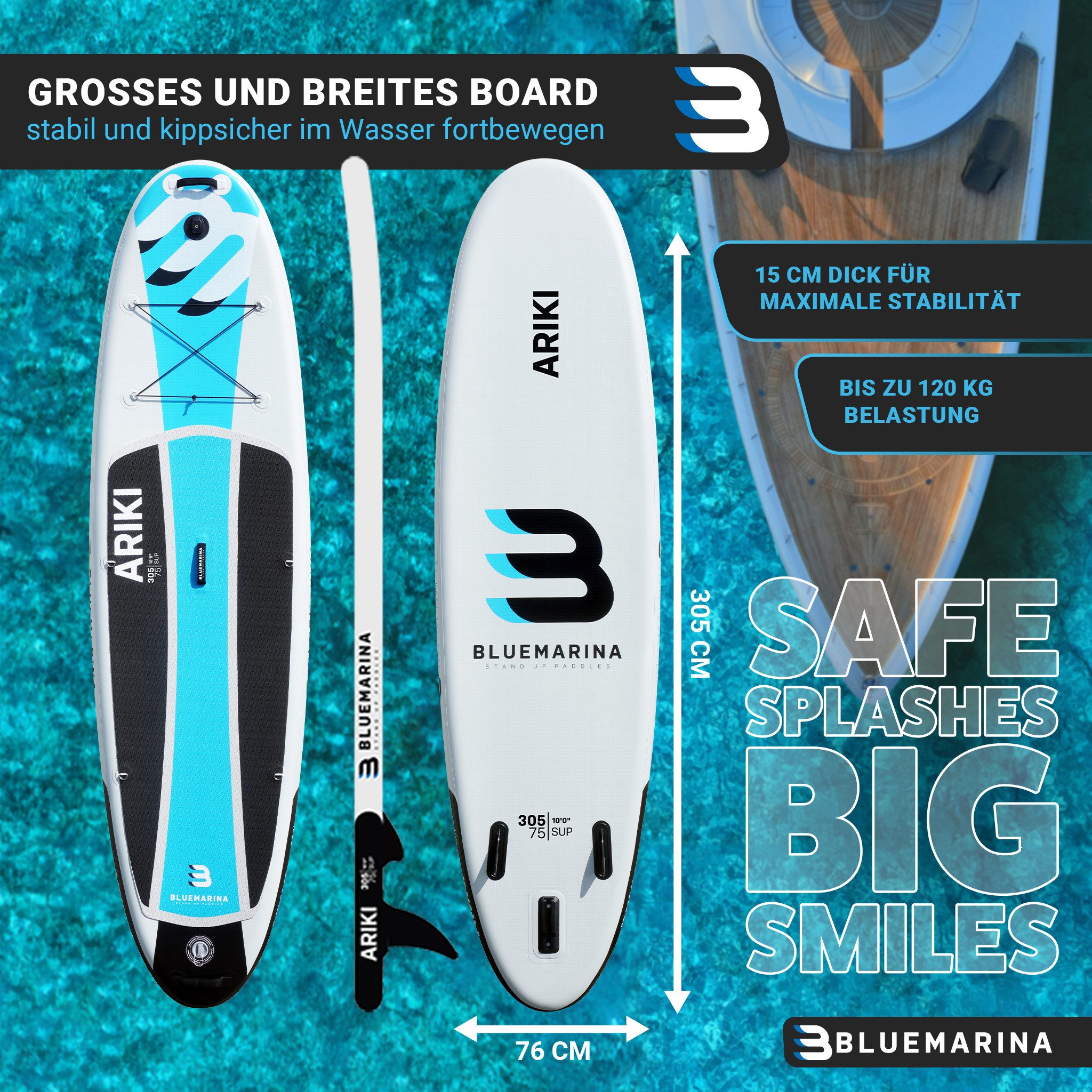 Bluemarina SUP-Board Ariki SUP Board Standuppaddle aufblasbar inkl. 5 J. Garantie, aufblasbar, (SUP aufblasbar, SUP Anfänger, Stand Up Paddel Board 200 kg, Stand Up Paddle, SUP Board, Stand Up Paddel Board), Surfbrett, Surfboard, Paddelboard, SUP