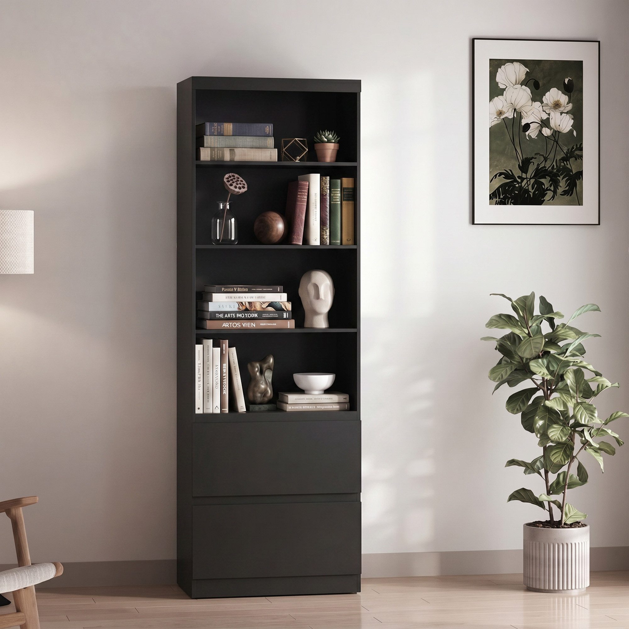 Blishom Bücherregal Schmales Bücherregal mit 4 Ablagen und 2 Schubladen, Offener Aufbewahrungsschrank mit Kippschutz – Bild 2 von 5