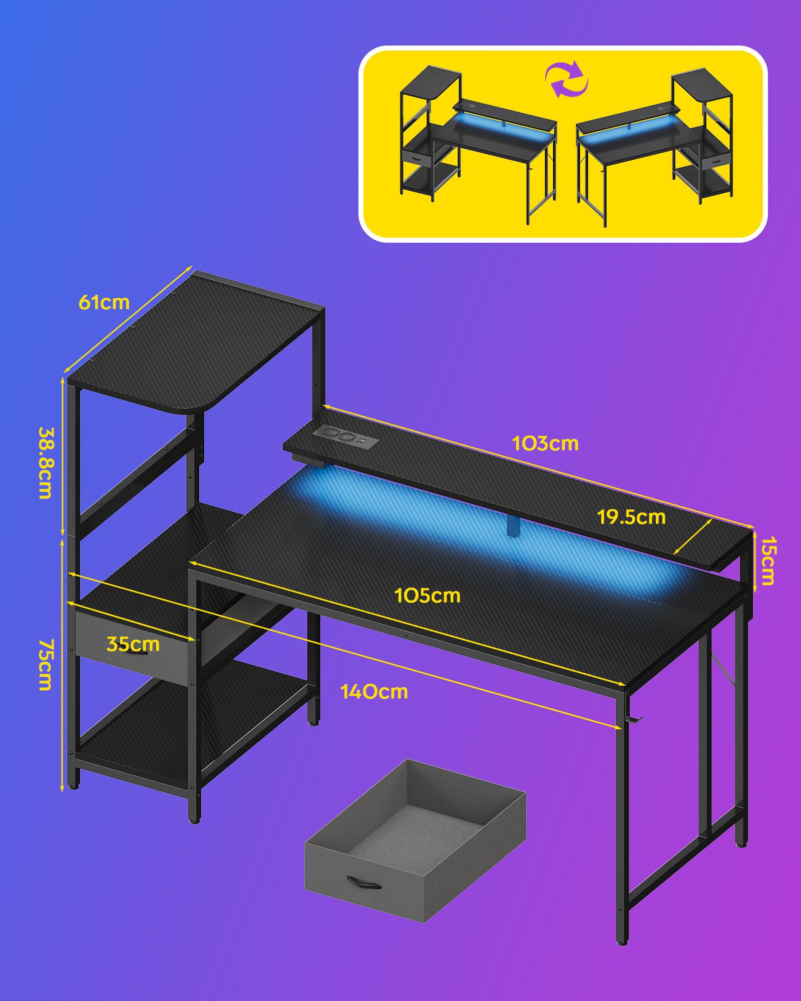HOMALL Gamingtisch Schreibtisch mit LED-Beleuchtung und Tischplatte aus Karbonfaser (Maße: 120/140 cm, mit einer Schublade, einer Steckdose, einer Monitorhalterung und einer Kopfhörerhalterung, wobei die Halterungen sowohl links als auch rechts angebracht werden können; die Höhe der Schublade ist verstellbar)