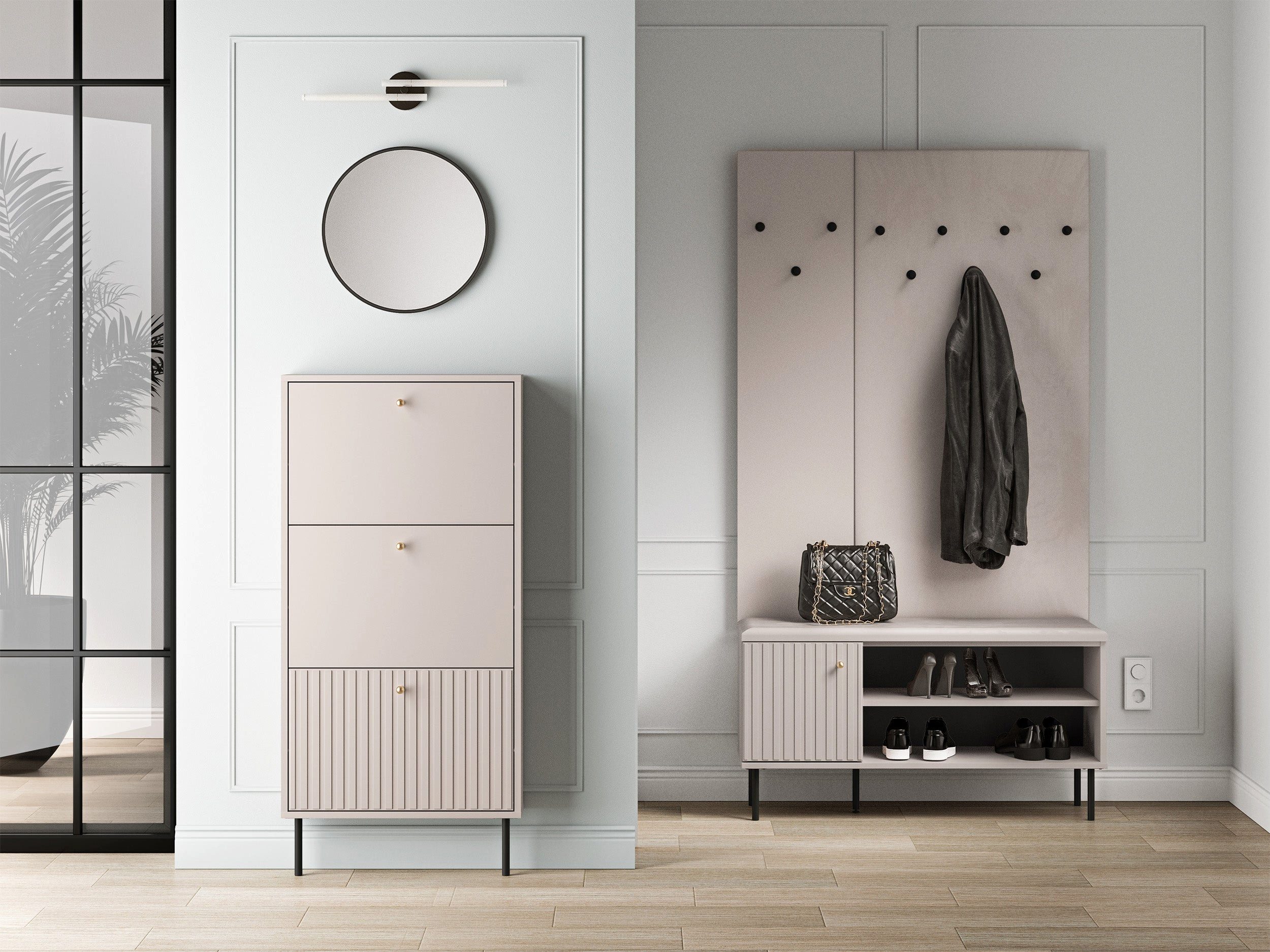 Selsey Schuhschrank CALETTO 3 Klappen mit geriffelten Fronten, schwarzes Metallgestell, 60 cm – Bild 3 von 5