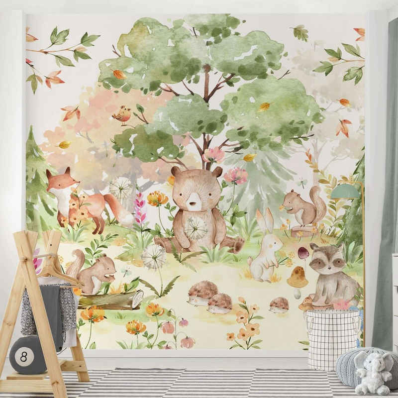 Bilderdepot24 Kindertapete Kinderzimmer Aquarell Waldtiere Bär Fuchs Baum Kinder Wanddeko, Glatt, Matt, (Inklusive Gratis-Kleister oder selbstklebend), Mädchenzimmer Jungenzimmer Babyzimmer Bildtapete Fototapete Wandtapete