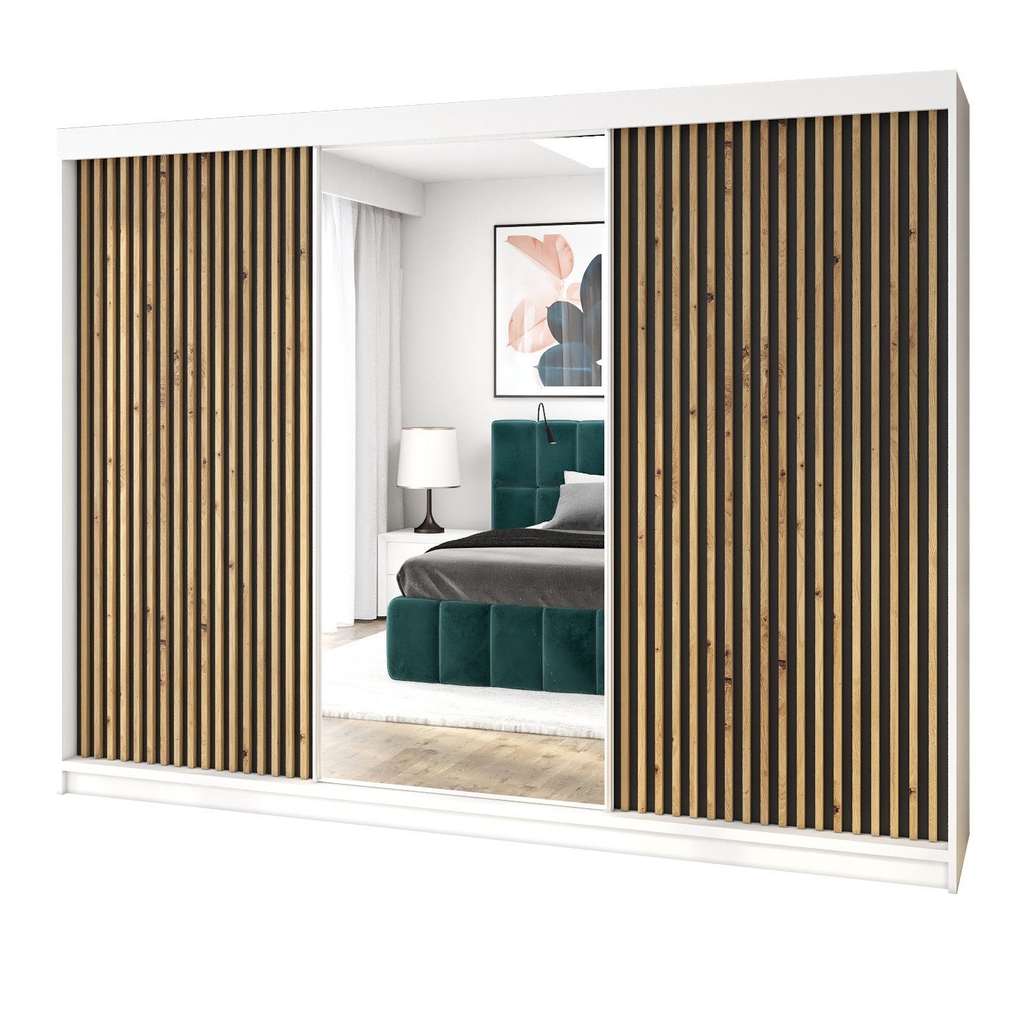 A&J MöbelLand GmbH Schiebetürenschrank FARA 200 cm, mit 4 Schubladen, Spiegel, 3D Lamellen (TOP ANGEBOT! Geräumiger Schrank mit einer Breite von 200 cm und Spiegel, ideal zur Aufbewahrung von Kleidung und Accessoires. 4 Schubladen und viel Stauraum. TOP PRODUKT! Wählen Sie das ideale Modell für Ihr Schlafzimmer!, Inclusive 4 Schubladen) Breite: 200 cm, Höhe: 215 cm, Tiefe: 59,5 cm