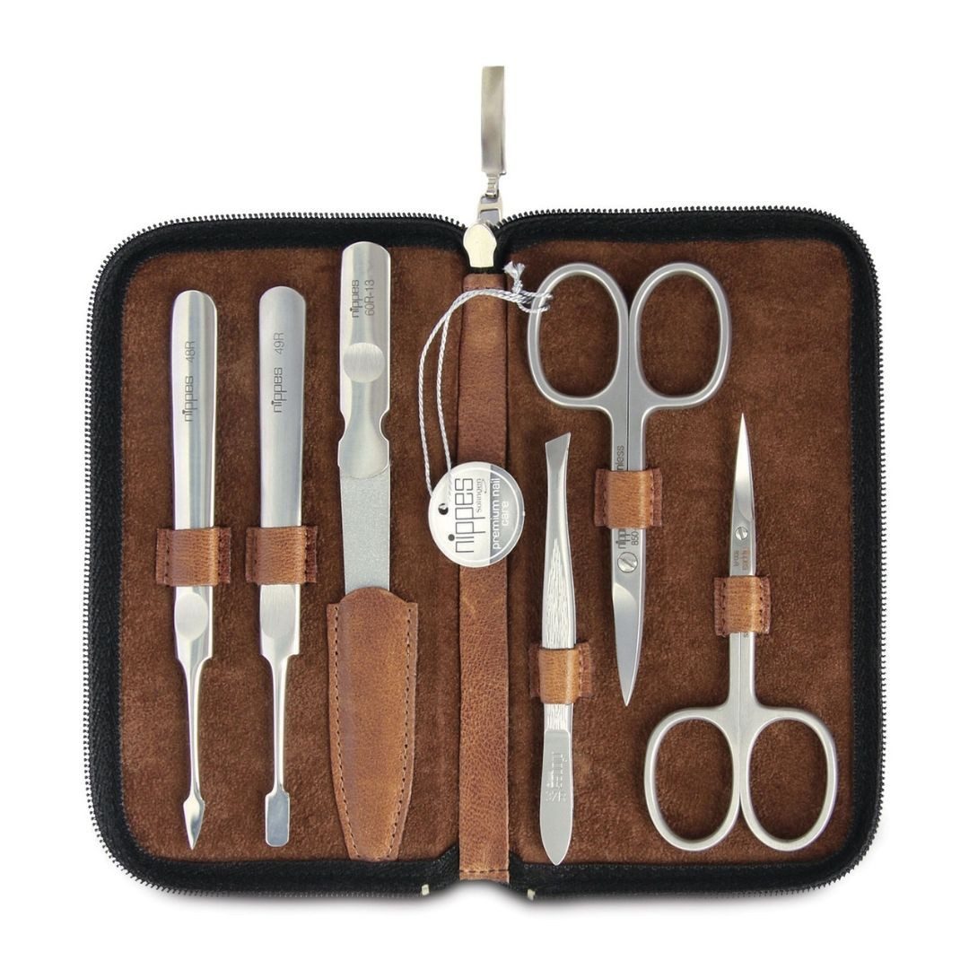 nippes Solingen Maniküre-Etui Premium-Maniküre-Set Whiskey, 6-teilig aus Rostfreiem Edelstahl, 6 tlg., aus echtem Leder
