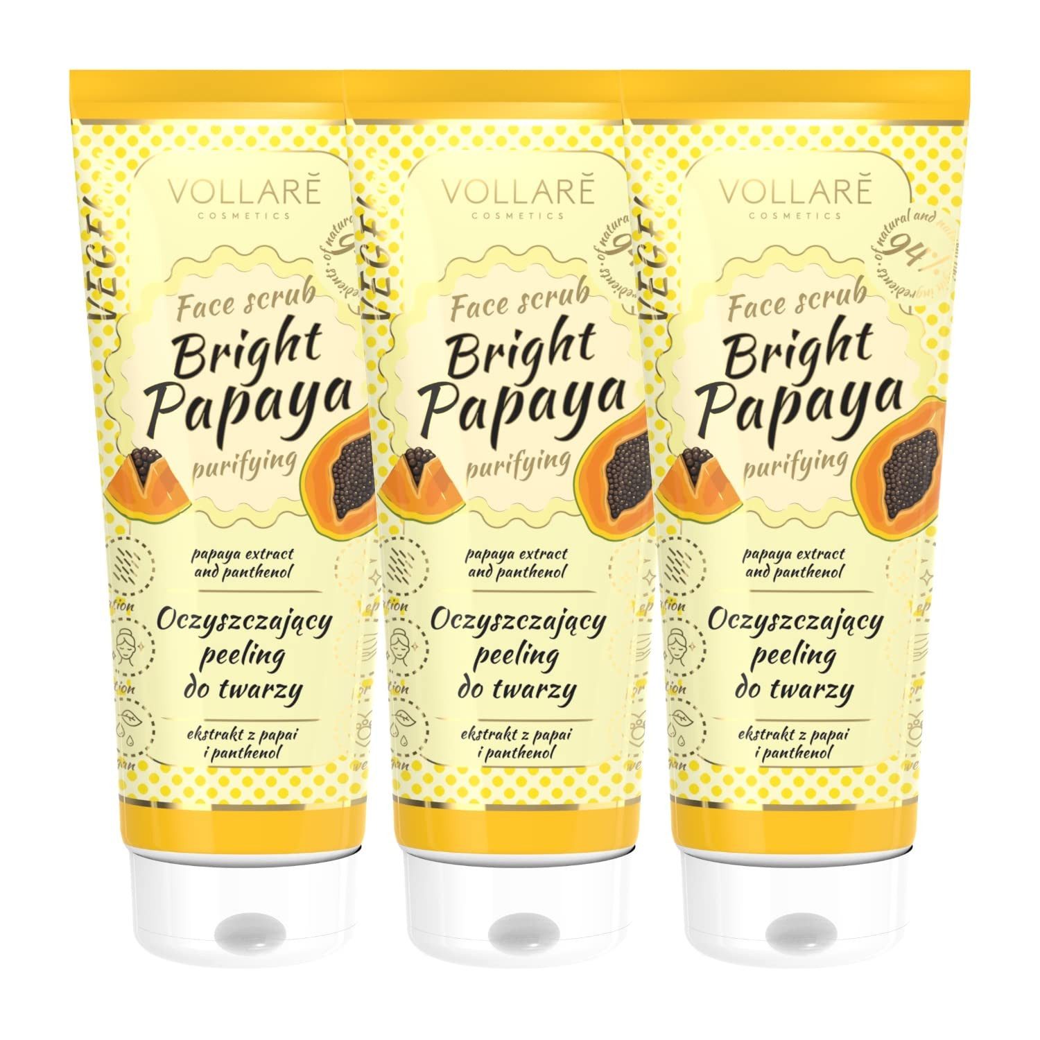 Vollarè Cosmetics Gesichts-Reinigungscreme Gesichtspeeling Fruchtsäurepeeling mit Papayaextrakt Vegan Bio, 3-tlg.