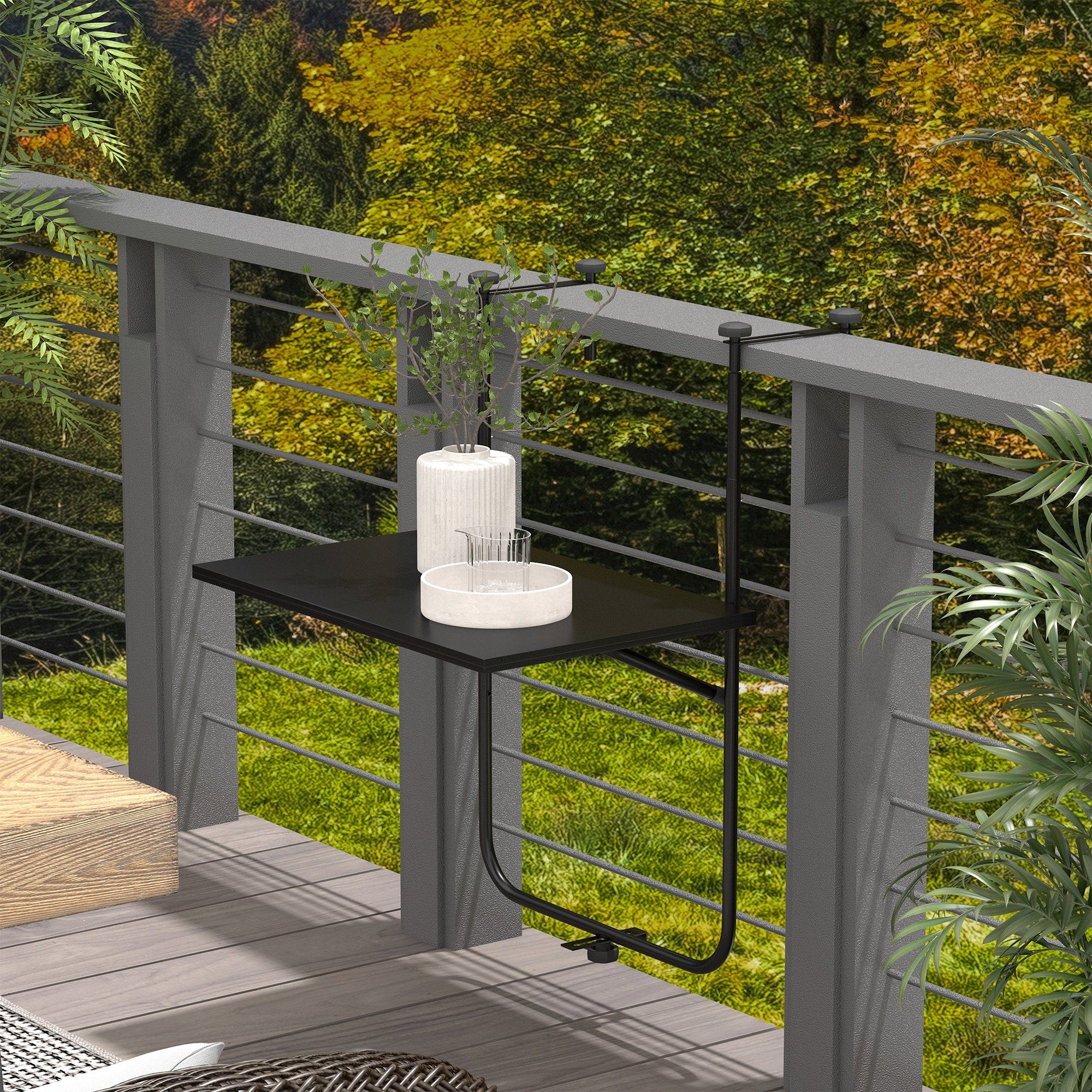 Outsunny Balkonhängetisch 3-fach höhenverstellbarer Balkontisch zum Einhängen (Terrassentisch, 1-St., Hängetisch), für Garten, Metall, 62 x 60 x 85,5 cm, Schwarz