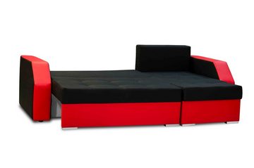 Furnix Schlafsofa POCOS L-Form Polstercouch Schlaffunktion Bettkasten Schwarz Rot, DL-Auszugmechanik mit Automatik-Unterstützung, Eco-Leder