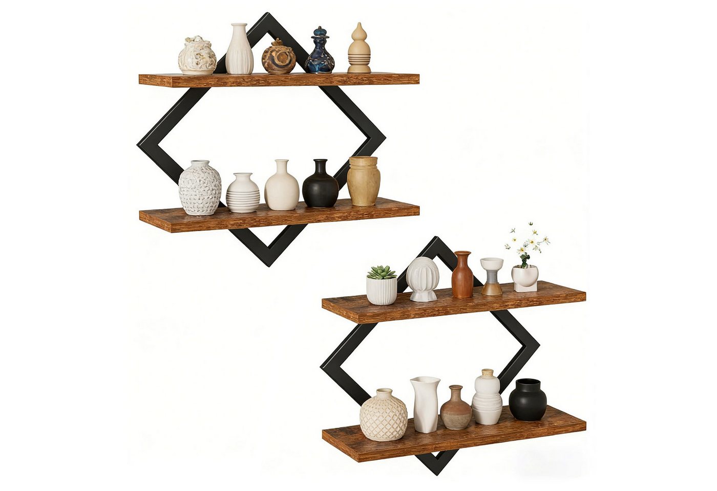 LEMLIT Küchenregal 2er-Set Wandregal, Industrial Hängeregal mit Metallrahmen, 2er Set 2-tlg., Rautenregal 2 pro Regalboden, 38 x 14 x 38 cm, Braun/Schwarz