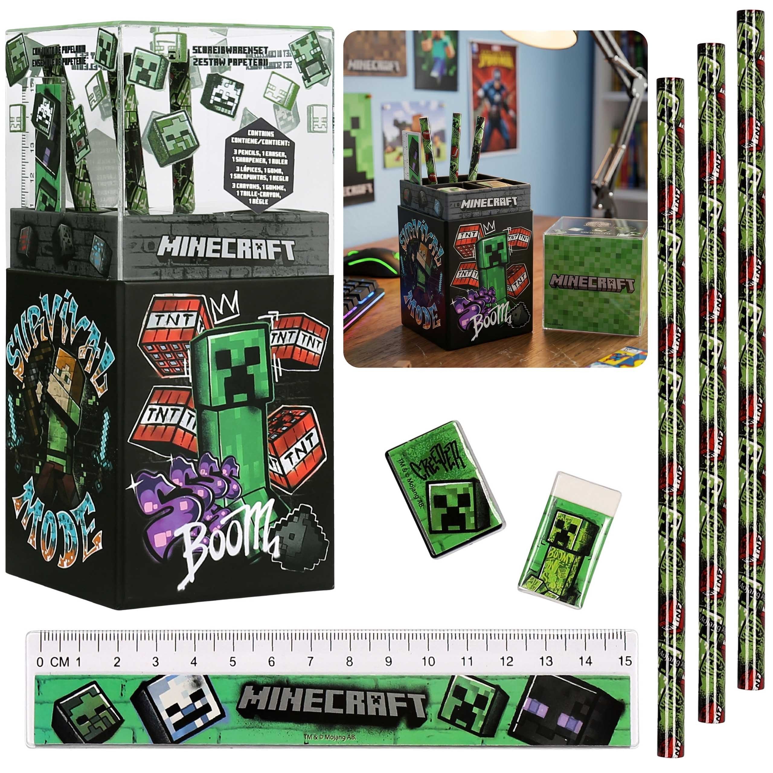 Minecraft Organizer Minecraft Stiftehalter mit Schulutensilien, Organizer, 7-in-1-Schulset