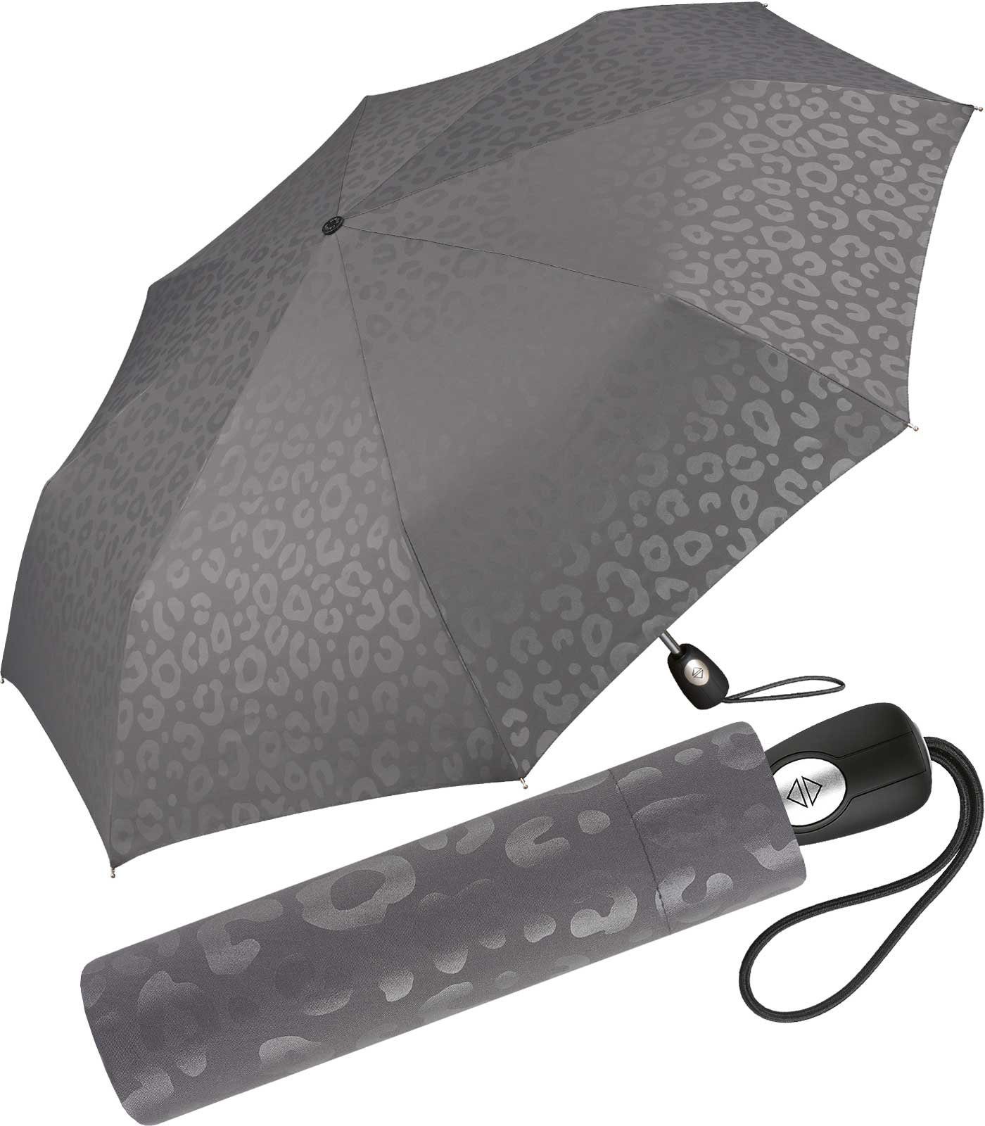 Pierre Cardin Taschenregenschirm schöner Damen-Regenschirm mit Auf-Zu-Automatik, ein Jaguarmuster, das bezaubert grau