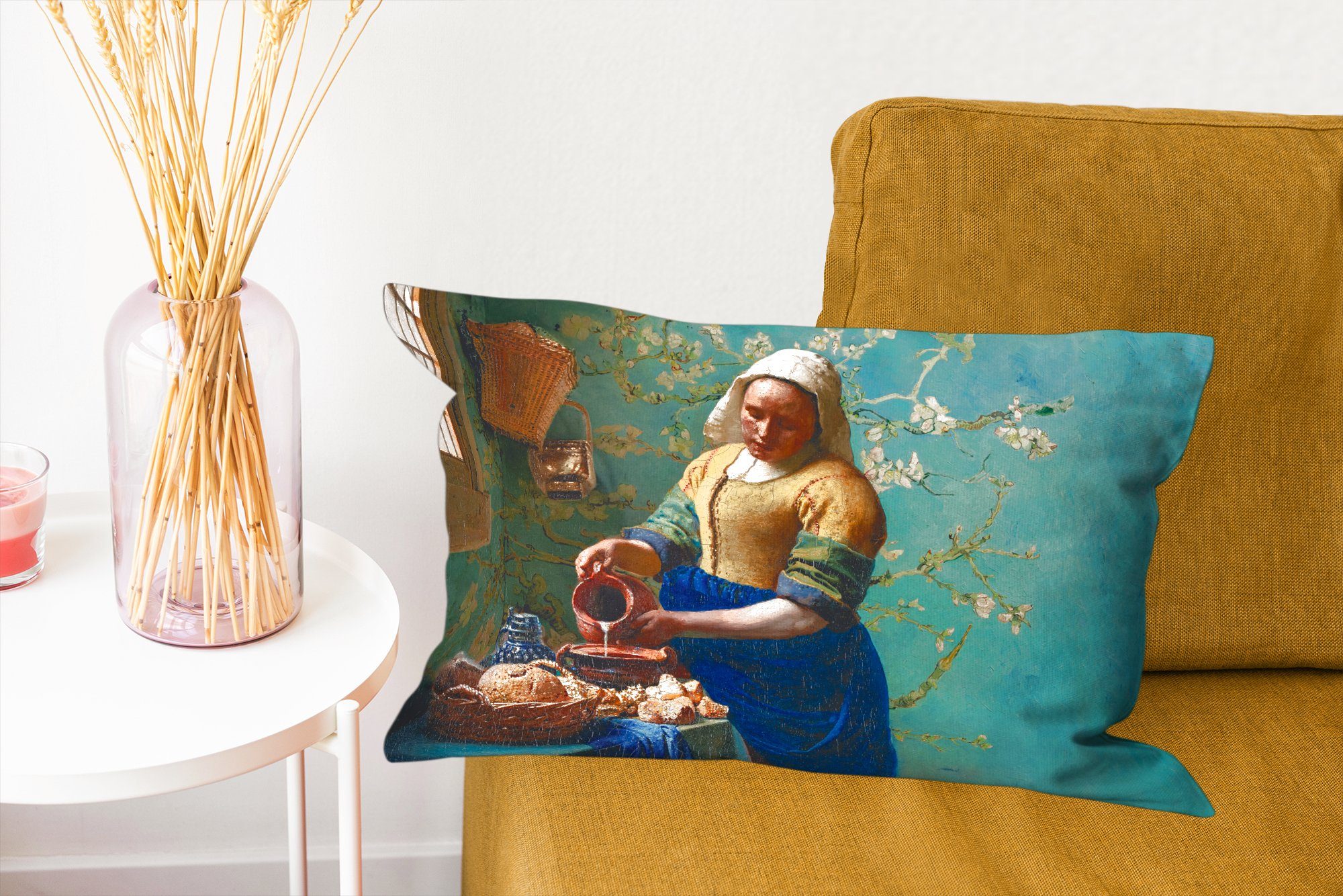 Dekoration, Füllung, Schlafzimmer Van Alte, MuchoWow Milchmädchen Gogh Vermeer Gemälde - Mandelblüte Dekokissen Dekokissen Zierkissen, - - mit Wohzimmer - -