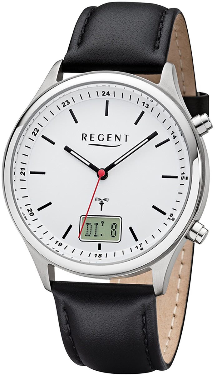 Regent Funkuhr Regent Herren Uhr BA-449 Metall Funkwerk, (Funkuhr), Herren Funkuhr rund, groß (ca. 40mm), Lederarmband