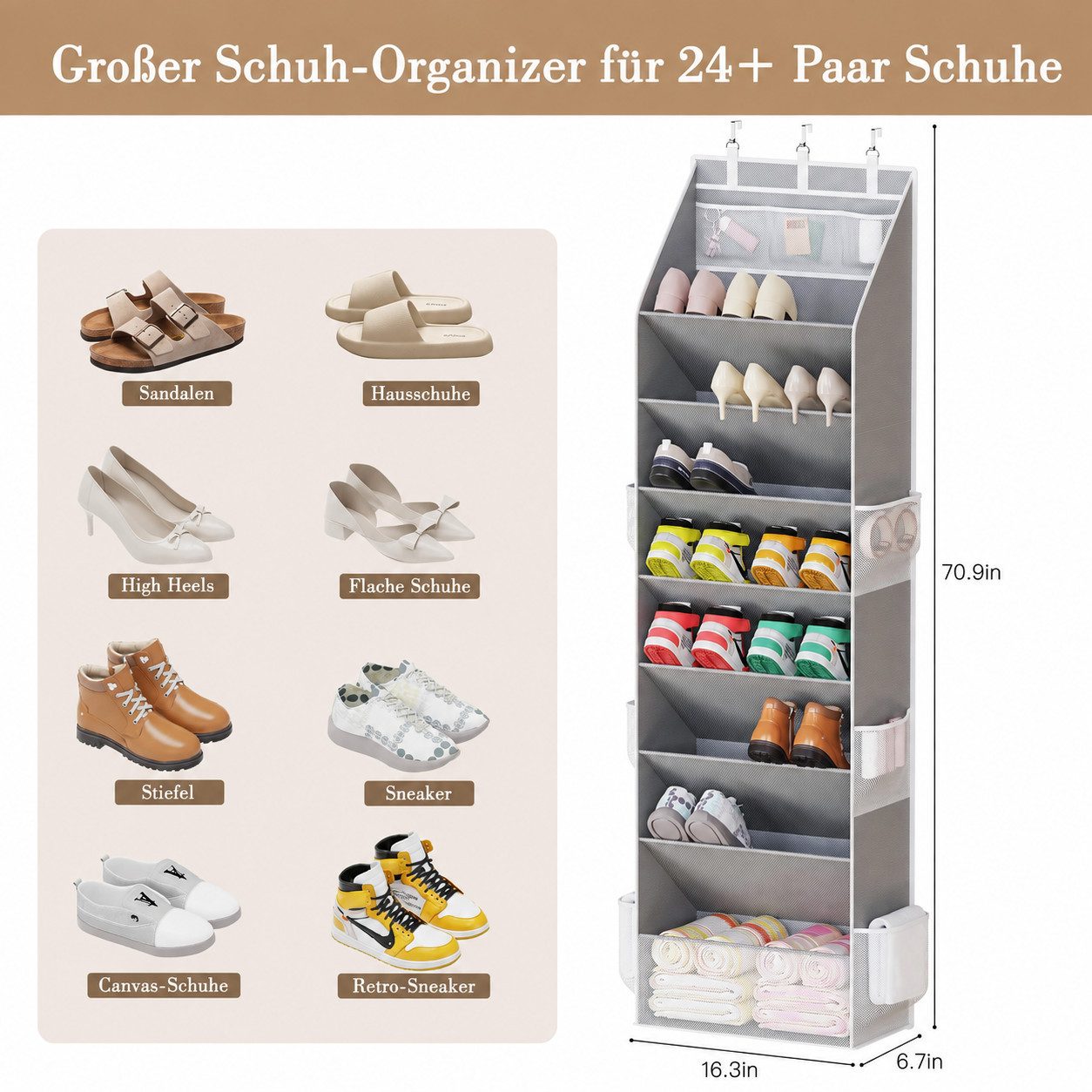 Diwzbyn Schuhregal Schuhorganizer Türhängend, 16–24 Paar mit Aufbewahrungstaschen, Platzsparende Aufbewahrung für Schuhe, Accessoires & mehr – Bild 2 von 5