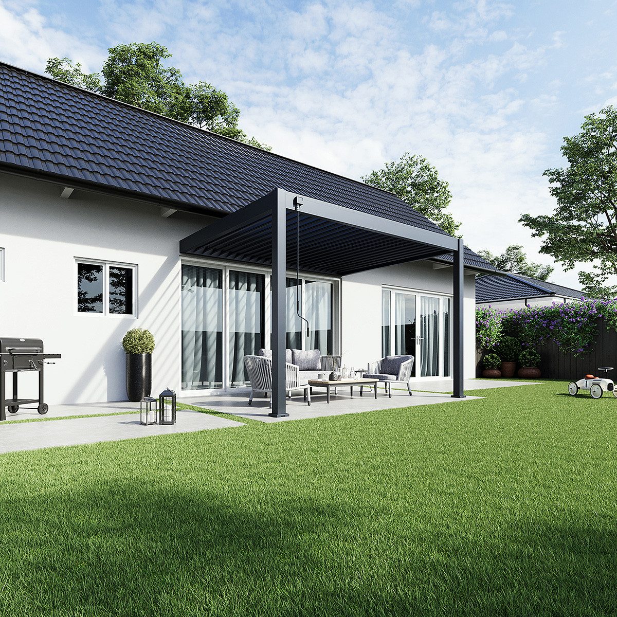 Weide Pergola Deluxe Wand-Pavillon Terrassenüberdachung Alu 3x3,6 m Anthrazit, BxTxH: 360x300x255 cm, (Hochwertigste Aluminium-Konstruktion & verzinkte Stahl-Lamellen, Komplettset inkl. detaillierter Aufbauanleitung)
