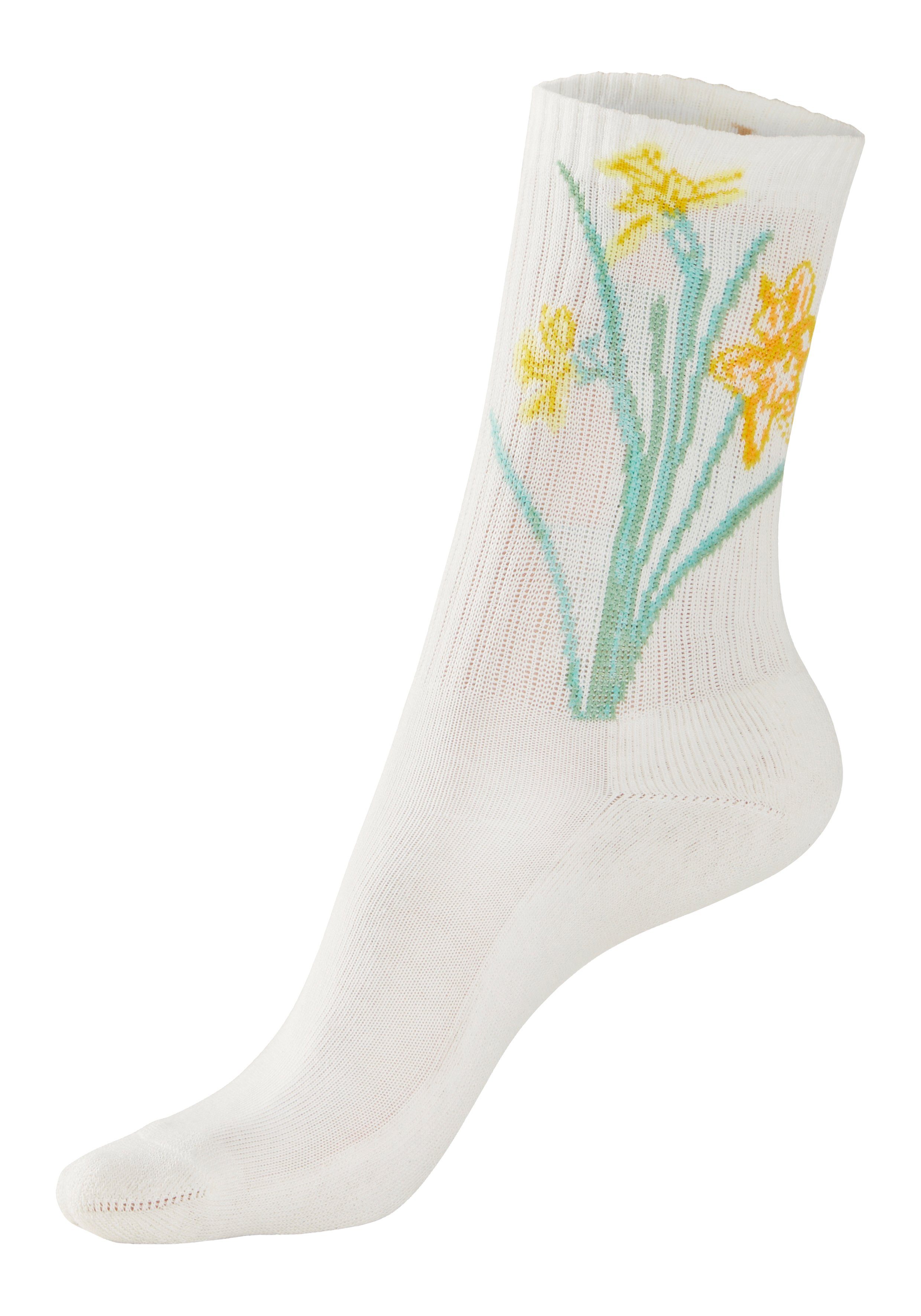 Blumen mit LASCANA ecru 4x Basicsocken Motiven (Packung, 4-Paar) eingestrickten