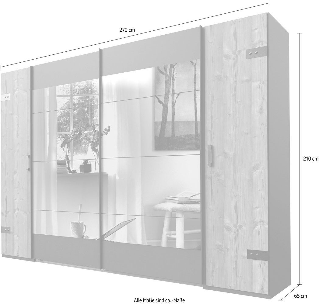 Wimex Dreh-/Schwebetürenschrank Stockholm (Schiebetüren, Drehtüren, Einlegeböden, Kleiderstangen, 1-St., Industrie Design, mit Spiegel, Bügelgriffe und Griffleisten in schwarz) 270x65x210cm weiß graphit
