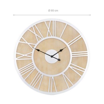 WOMO-DESIGN Wanduhr Designuhr Dekouhr Dekorative Uhr Design (XXL Rund Ø85cm Weiß-Natur Holz-Metall Vintage-Stil Römische Ziffern)