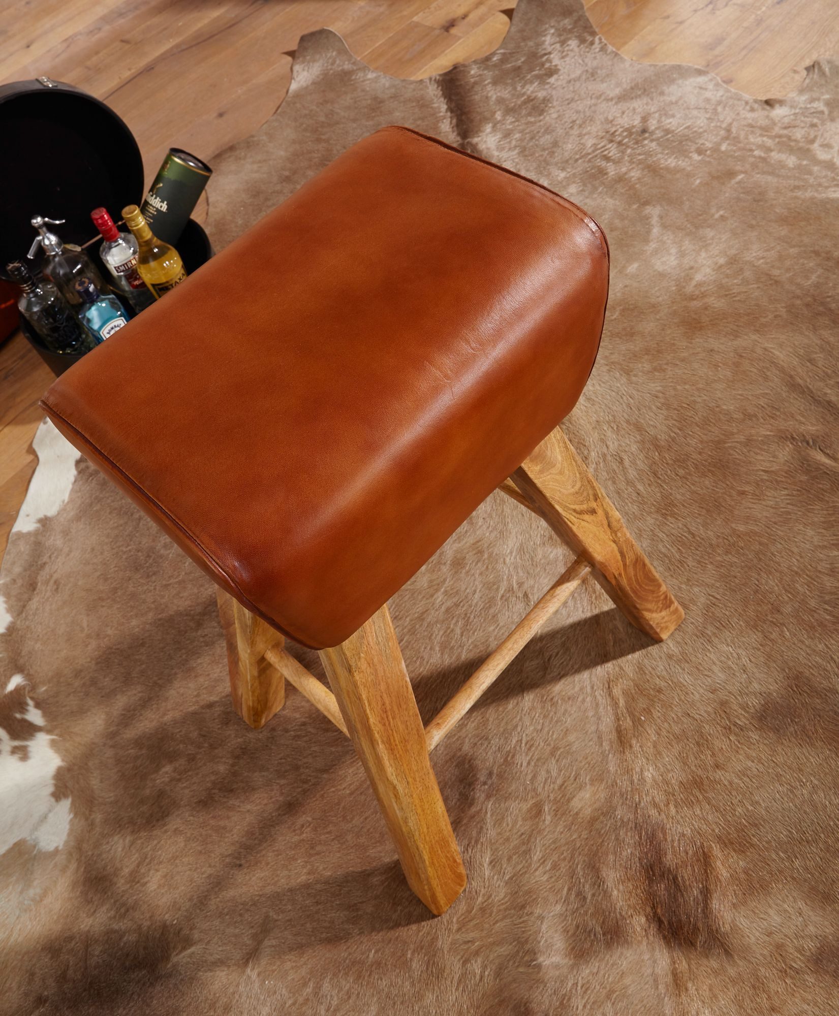 FineBuy Barhocker Turnbock 43x75x43 cm Mango Massivholz / Echtleder, Design Barstuhl Braun, Lederhocker ohne Lehne, Country Hocker Tresenstuhl – Bild 4 von 5