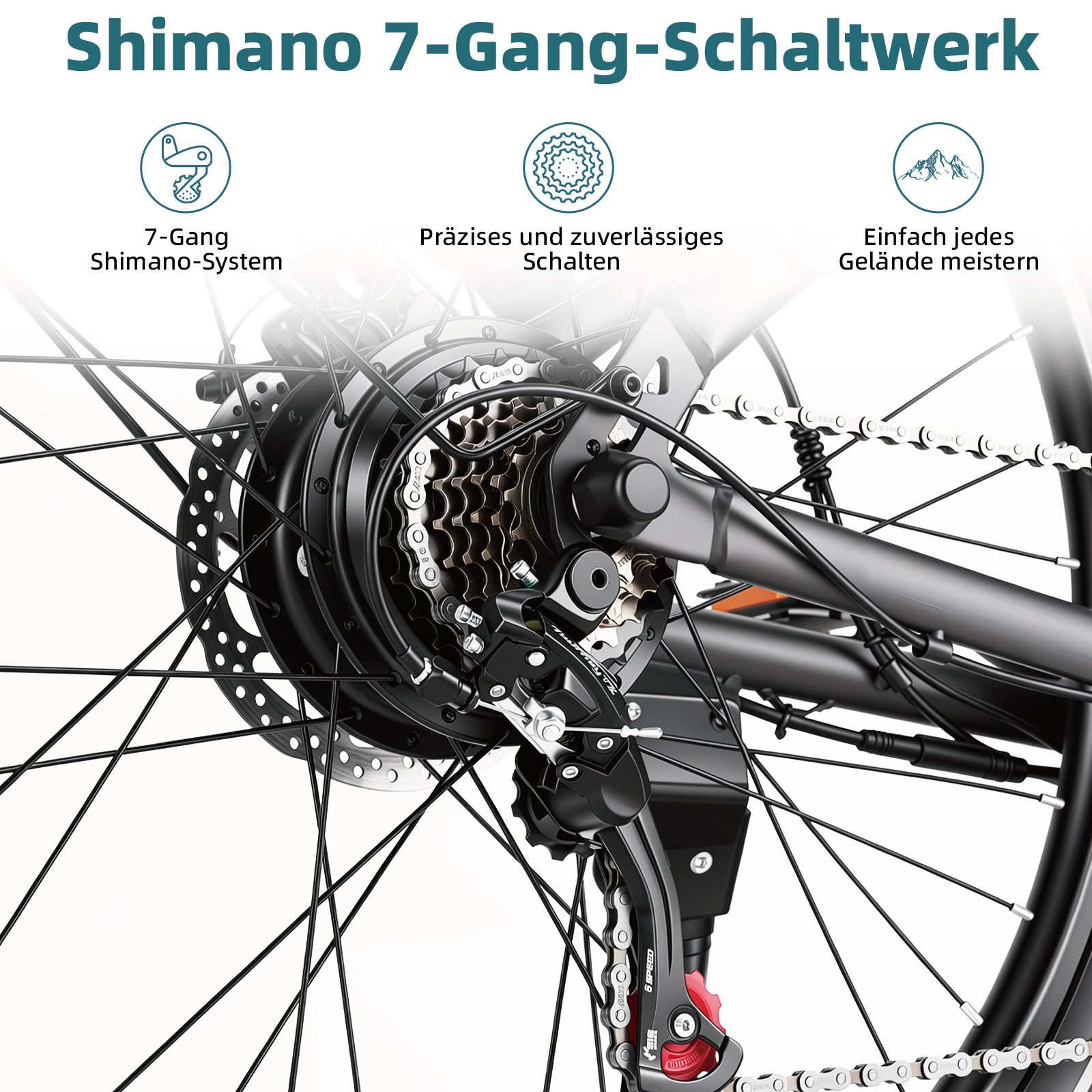 OOTD E-Bike Cityrad 26" 36V 14,5Ah Akku bis 75km, 250W Heckmotor, Shimano 7‑Gang‑Schaltung, 7 Gang Shimano ARDTZ500GSD Schaltwerk, Kettenschaltung, Hinterradmot – Bild 3 von 5