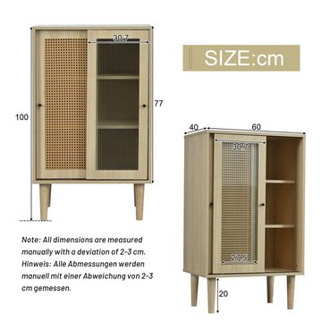 BlingBin Sideboard Stehschrank Bücherregal (1 St., mit Kunststoff-Rattantüren und Glasschiebetür), verstellbare Regalböden, Massivholzbeine, 6 Fächern