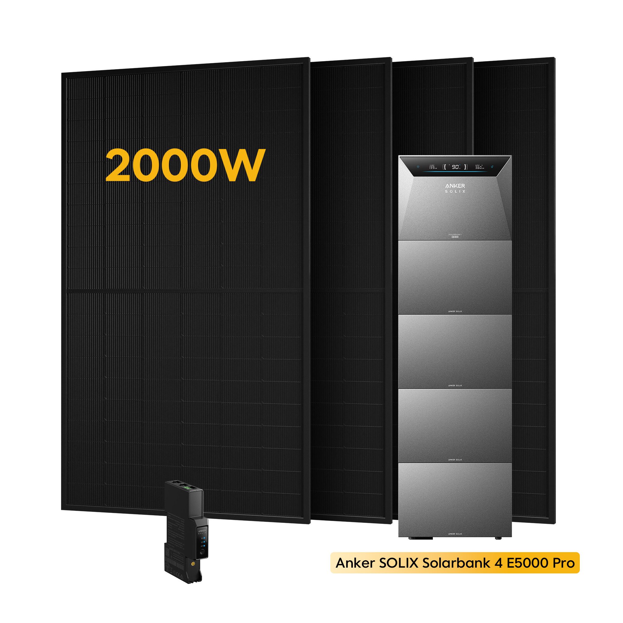 Anker Balkonkraftwerk 2000W Anker SOLIX Solarbank 4 E5000 Pro All-in-One Stromspeicher, (inkl. Smart Meter Gen 2 und 4*500Wp Sunpro Solarmodule, Optional: 1-5 x Anker BP5000 Erweiterungsakku), PV Speicher mit Notstromfunktion