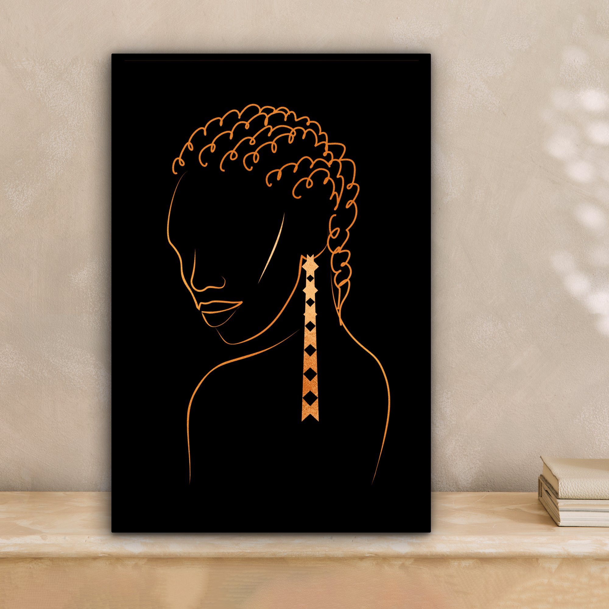 St), 20x30 Leinwandbild Zackenaufhänger, Strichzeichnung, Frau cm Leinwandbild inkl. Gemälde, bespannt OneMillionCanvasses® (1 - Ohrring Gold - fertig -