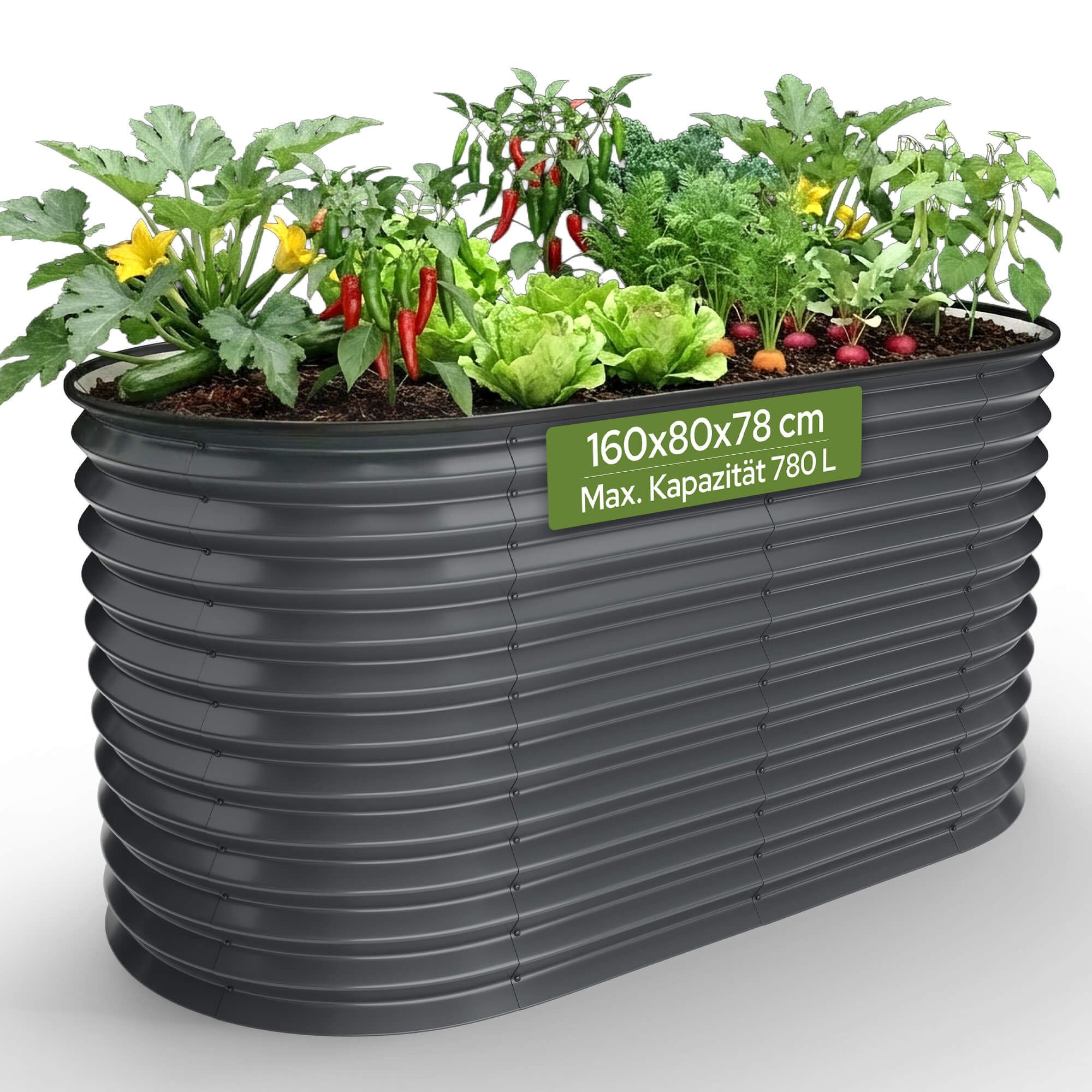 Arebos Hochbeet Metall Oval 160x80x78cm Gartenbeet für Gemüse, Kräuter & Blumen 780L (Witterungs- & UV-beständig, Rostresistenter verzinkter Stahl, Kantenschutz aus Gummi)