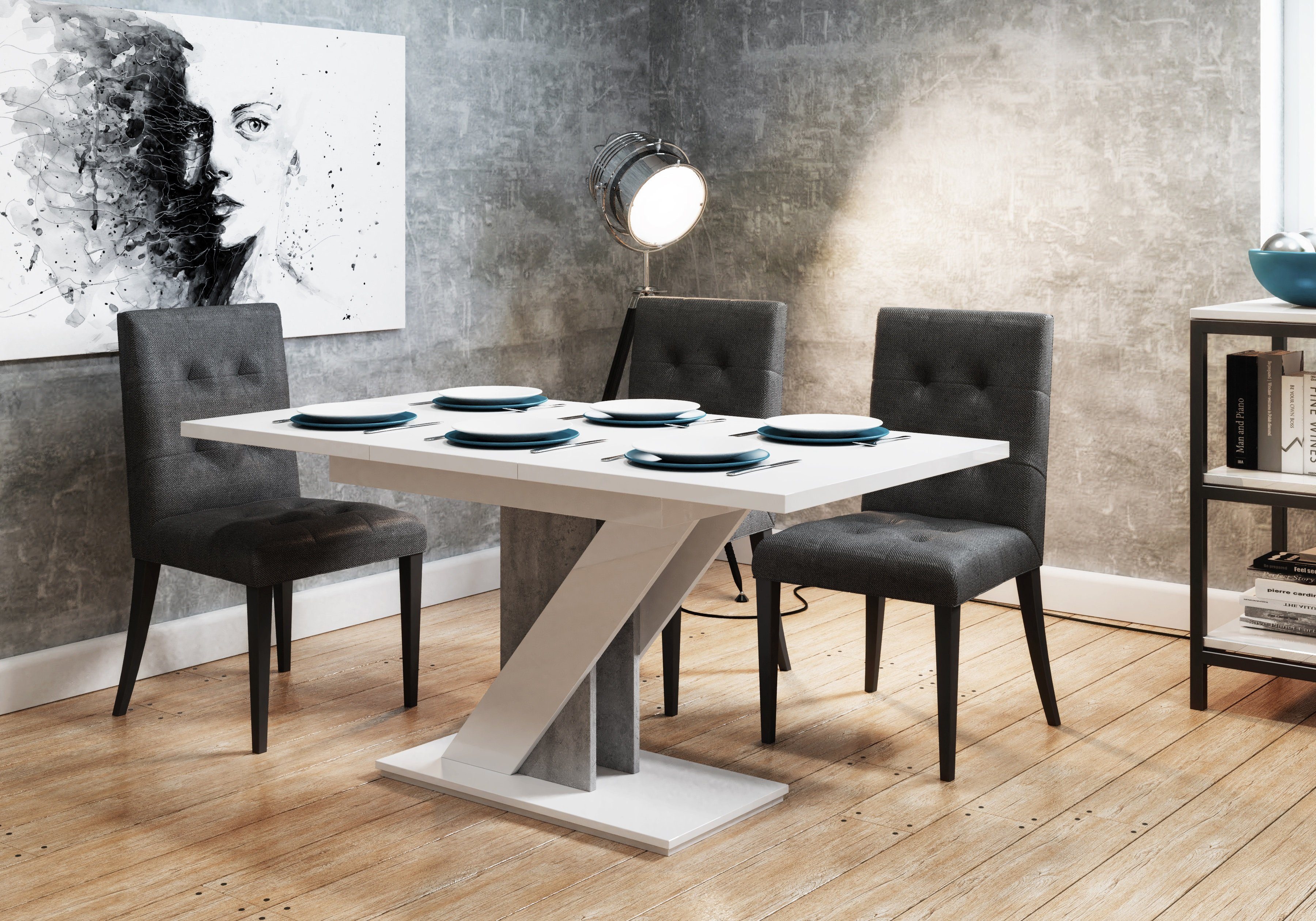 + Esstisch Tisch cm, Esszimmer, Compleo Hochglanz Chloe, Beton Ausziehbar 120-160 Esszimmertisch Weiß