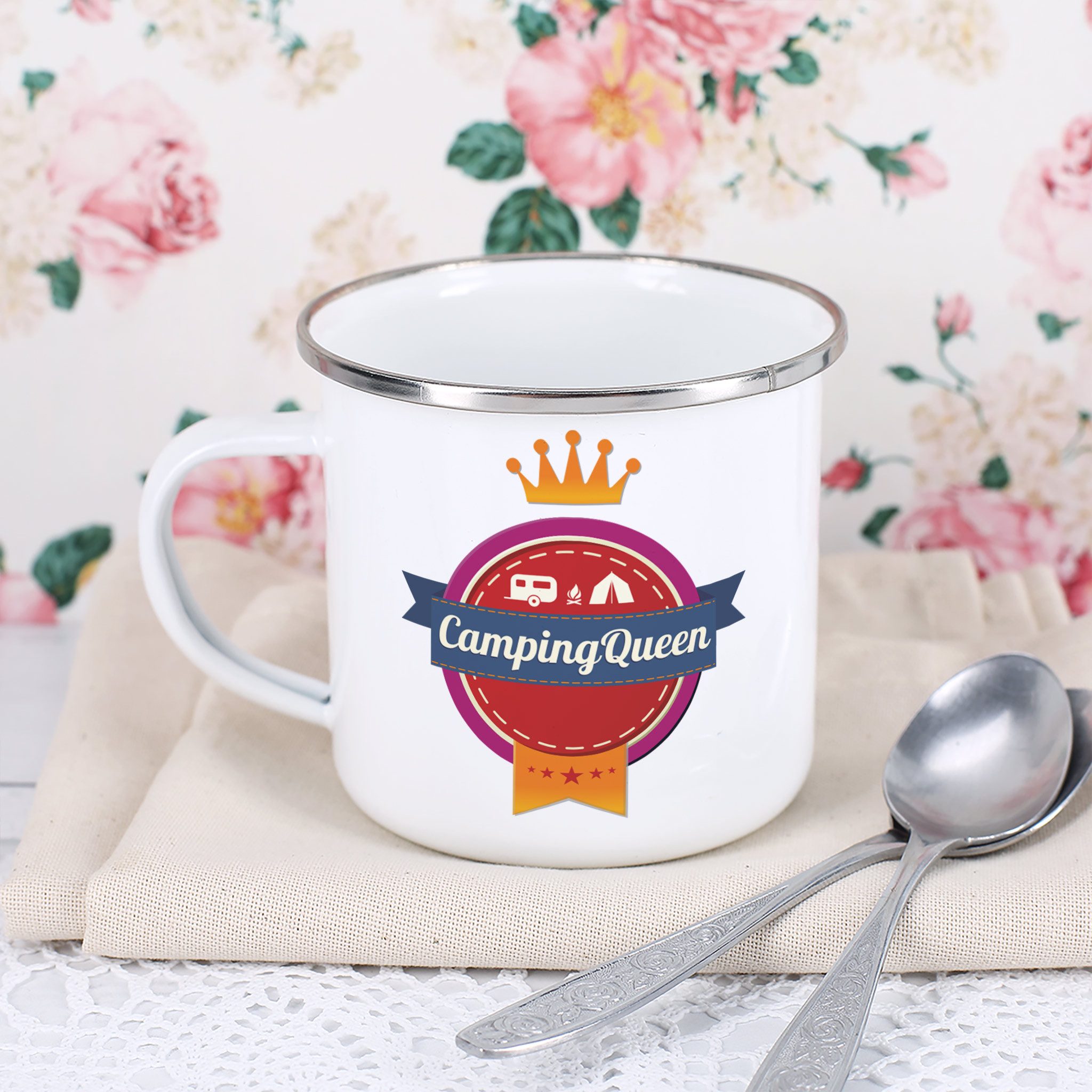 Herz & Heim Tasse aus Metall für Camper mit Camping-Motiv