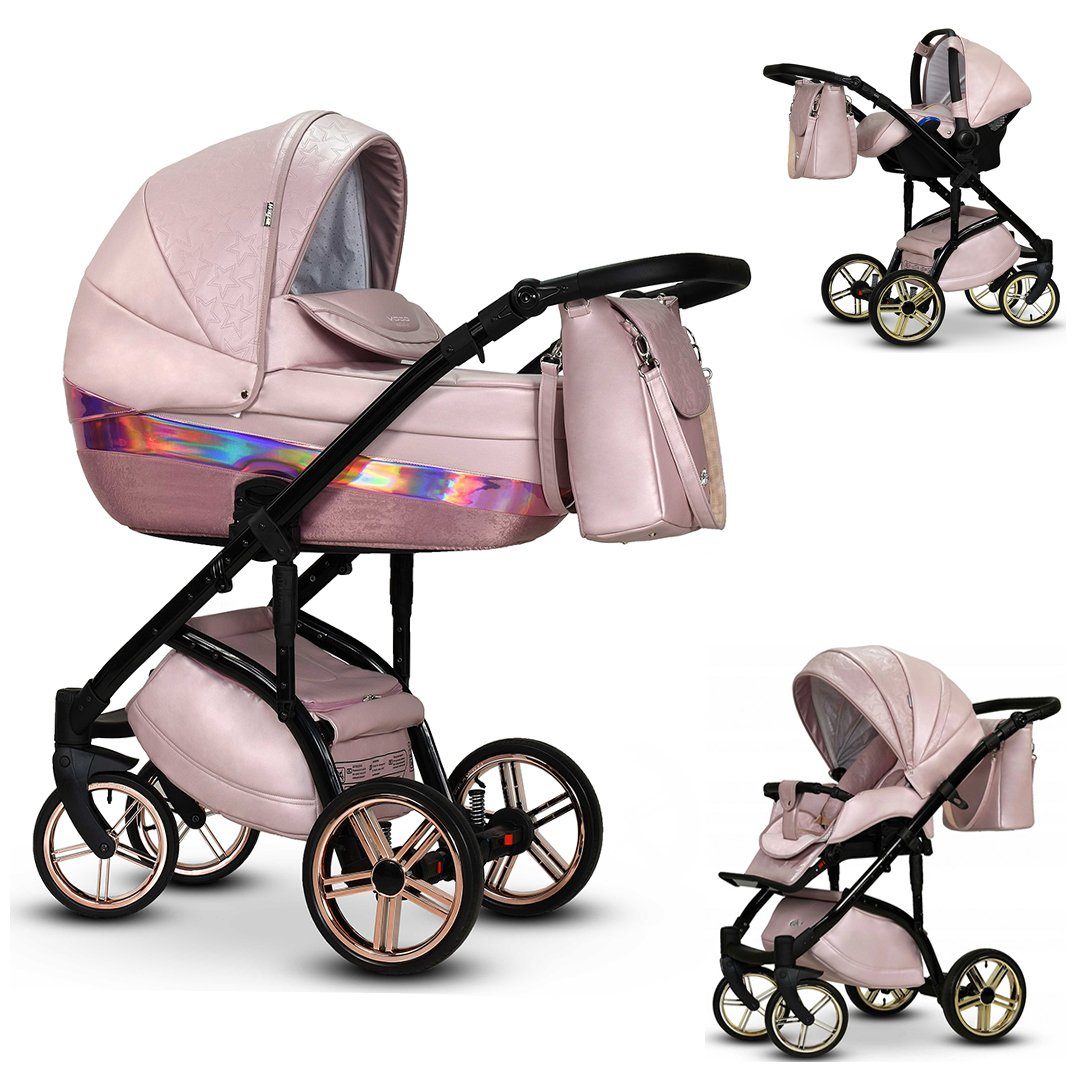 babies-on-wheels Kombi-Kinderwagen 3 in 1 Kinderwagen-Set Vip Lux - 12 Teile - in 16 Farben Rosa-Bunt-Dekor