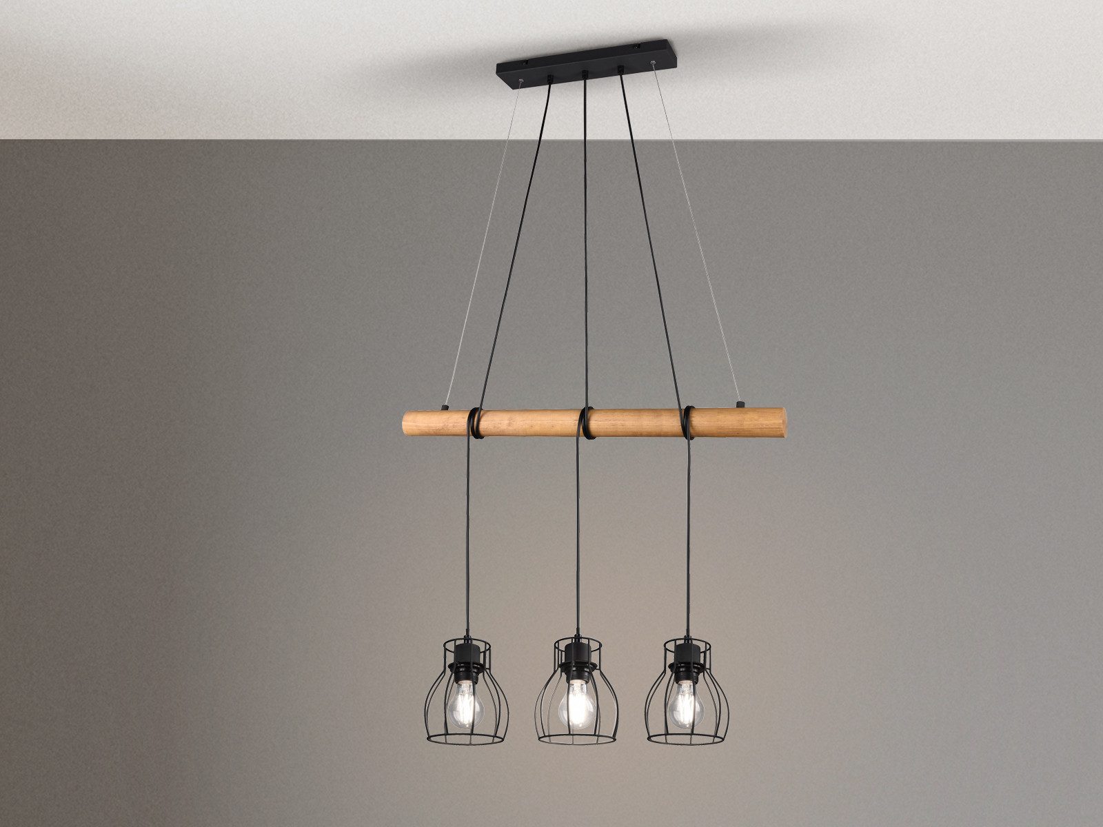 Reality Leuchten Pendelleuchte Industriedesign mit Holzbalken B: 75cm, ohne Leuchtmittel, Hänge-Lampe groß mit Holzbalken, für Esszimmertisch