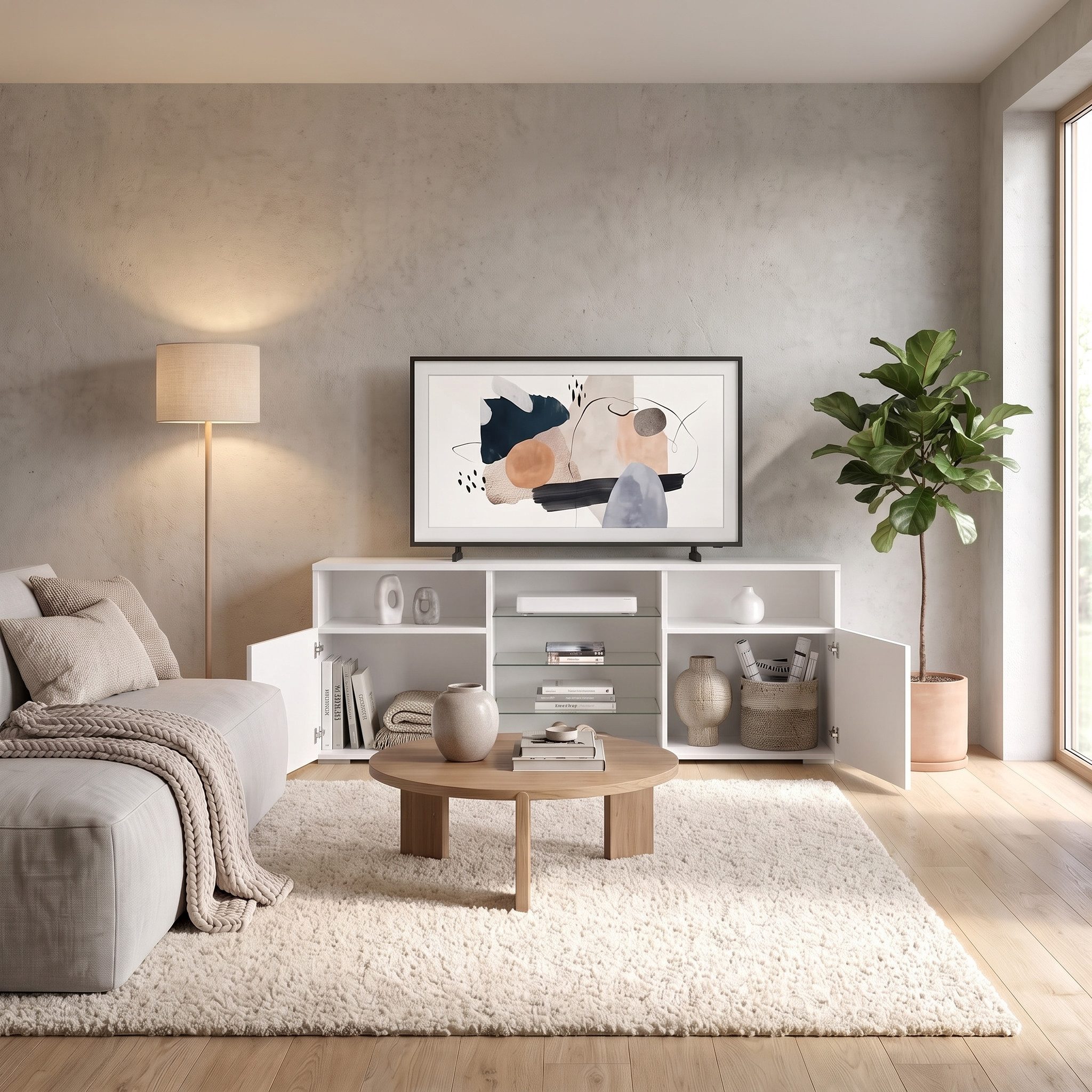 Vladon Lowboard Granada (TV-Kommode, mit 2 Türen und 6 offenen Fächern), Weiß matt, Denim matt