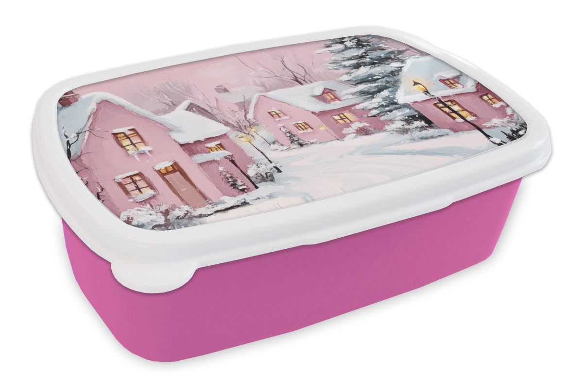 MuchoWow Lunchbox Weihnachtsdorf - Rosa - Winter - Schnee - Häuser, Kunststoff, (2-tlg), Brotdosen, Lunch Box, Brotbox für Kinder und Erwachsene