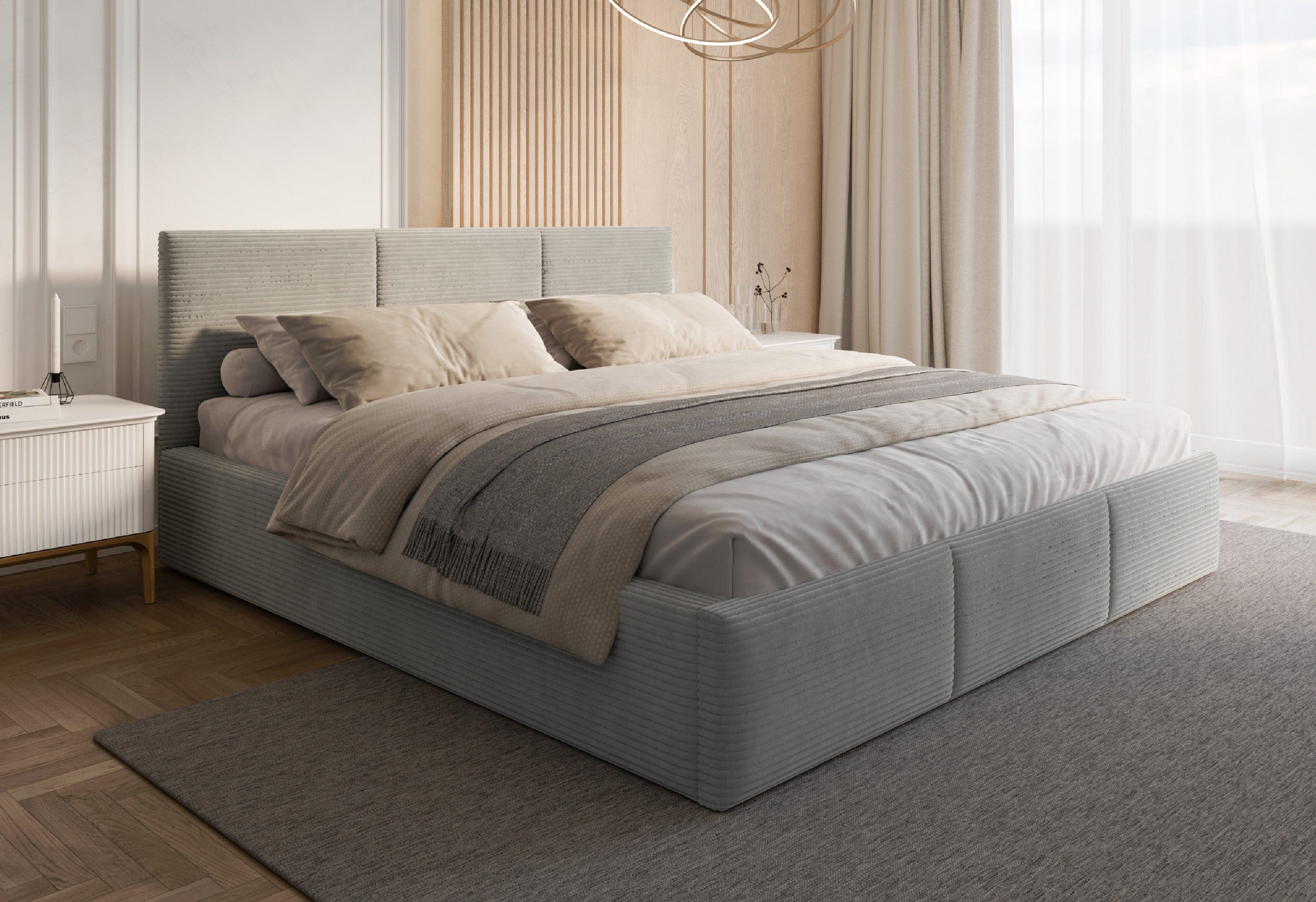 FDM Polsterbett AMBER modern mit Bettkasten MADE IN EU - mit Cord Bezug (verfügbar 90x200 120x200 140x200 160x200 180x200cm, Bettrahmen, Bett, mit großen gepolsterten Kopfteil, mit Bettkasten zum aufklappen), Hebbarer Metallrahmen, Bettkasten, mit/ohne Ma