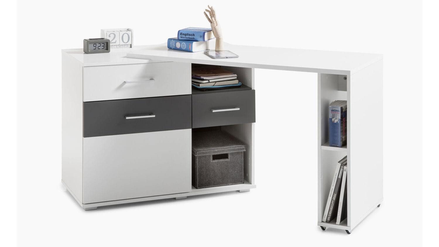 Bega Consult Schreibtisch Winkelschreibtisch Madrid weiß grau Eckschreibtisch rollbar