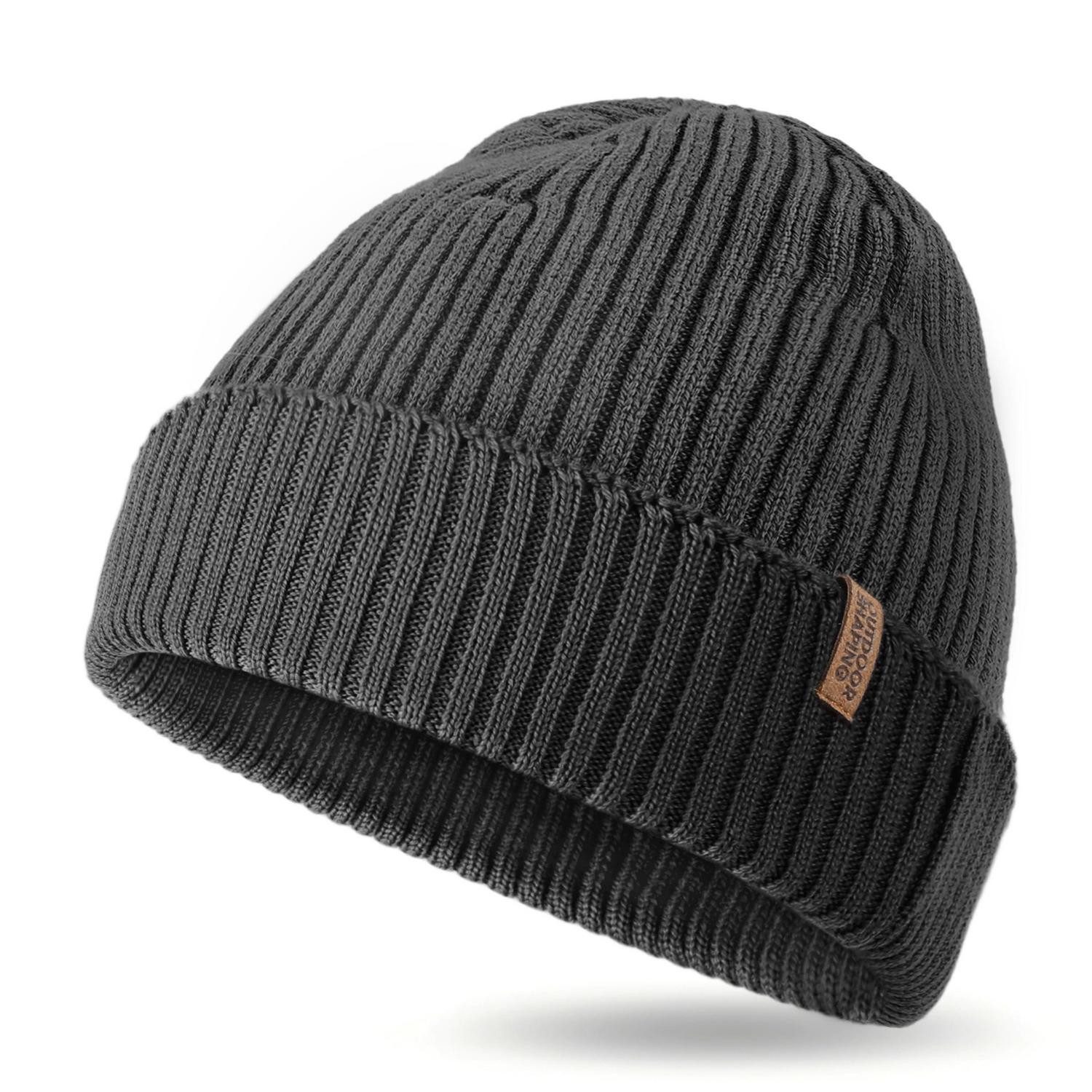 Strickmütze Strickmütze Merino Beanie Herren Damen Wolle Outdoor Schwarz