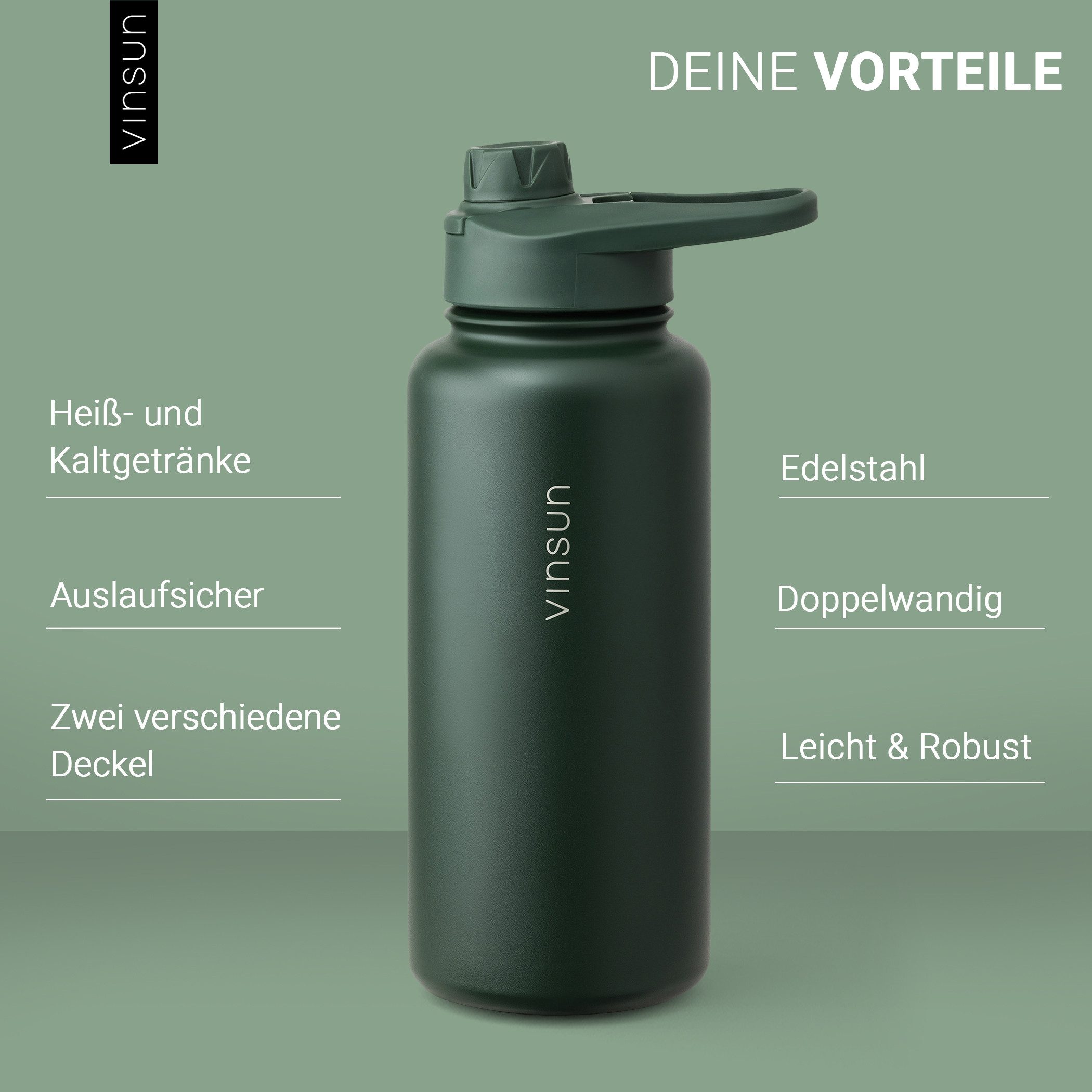 Vinsun Isolierflasche Edelstahl Trinkflasche 1L Strohhalm - 2 Deckel Thermoflasche BPA frei, Doppelwandig isoliert, auslaufsicher, bruchsicher, Geruchsneutral – Bild 2 von 5