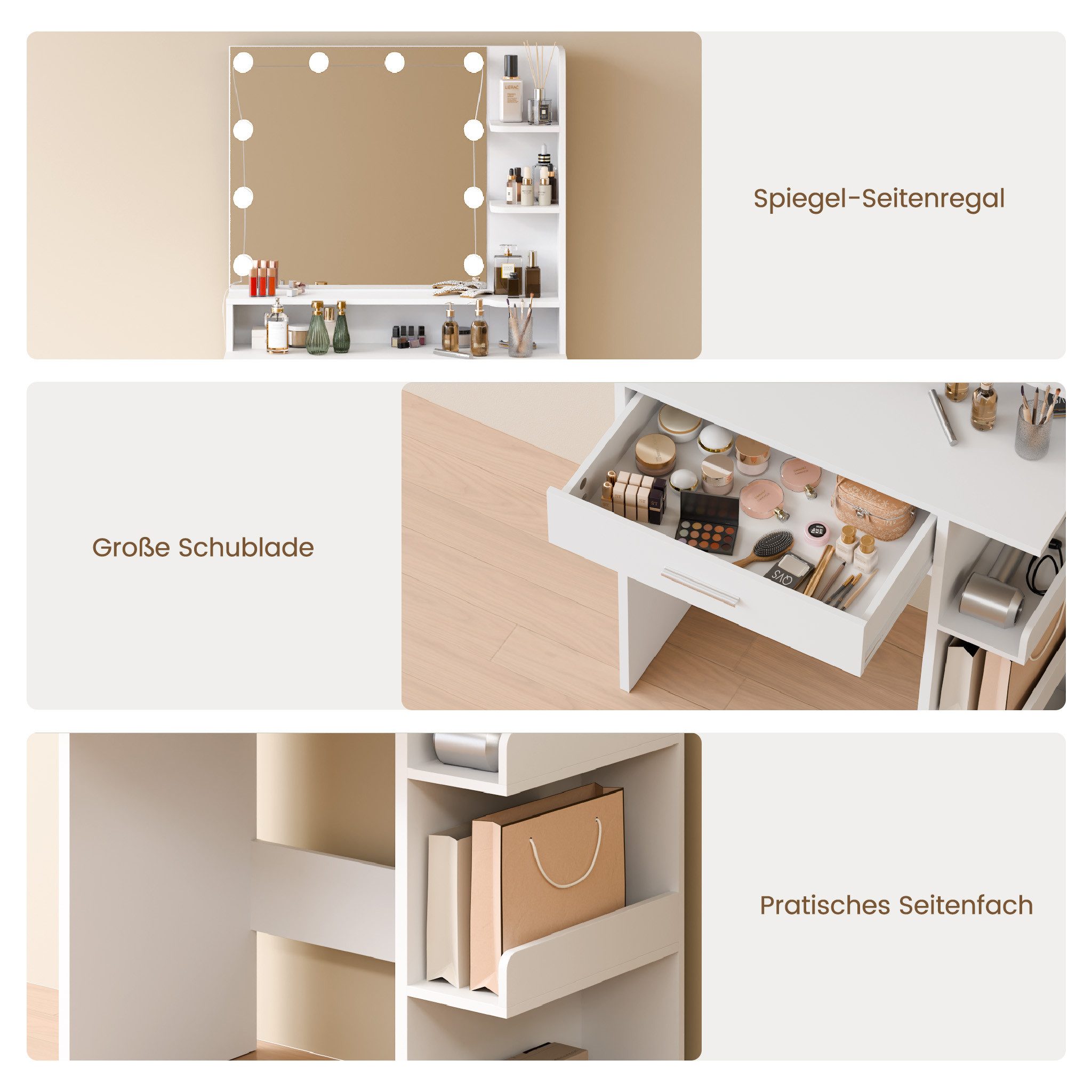 Mondeer Schminktisch Kosmetiktisch (Weiß, 67 x 36 x 138 cm), mit Spiegel und 10 LED-Lichtkugeln,1 Schublade und 7 Offenen Fächern – Bild 5 von 5