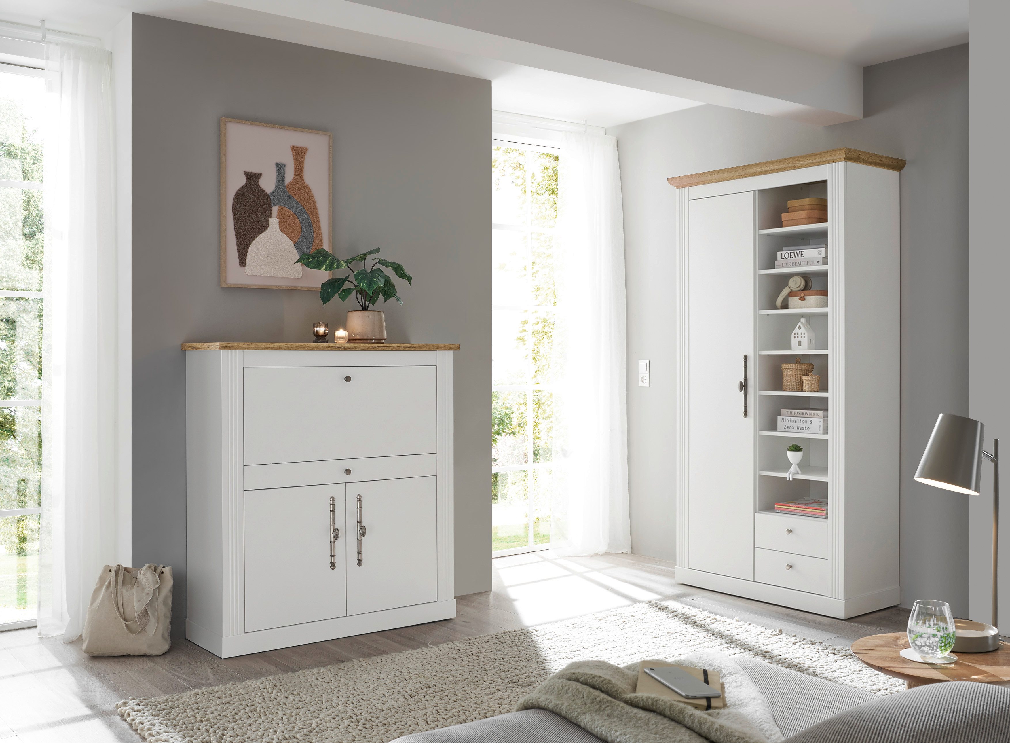 OTTO home Büromöbel-Set Westminster, wohnliches Home-Office, Büro in zwei Farben verfügbar, (Set, 2-tlg), enthält Sekretär und Stauraumschrank im Landhausstil, mit Kabelkanal