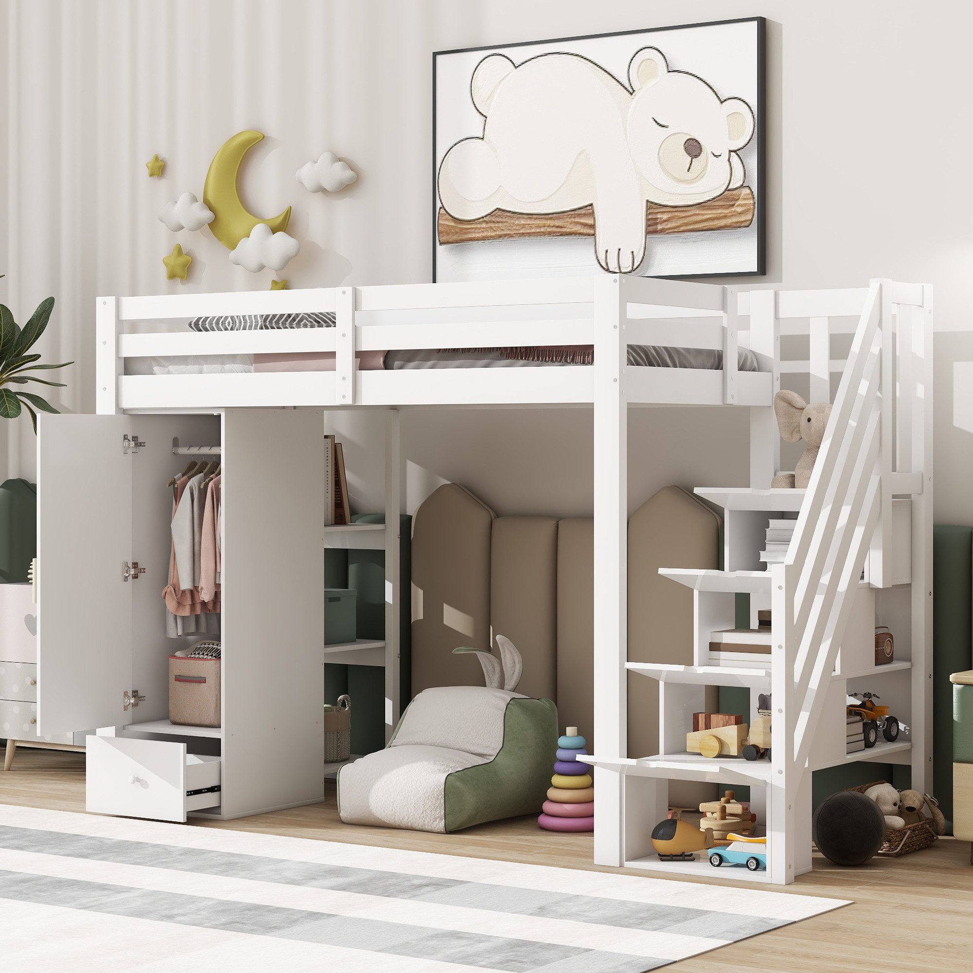 Flieks Hochbett Kinderbett 90x200cm mit Schublade Kleiderschrank Regale Sta günstig online kaufen
