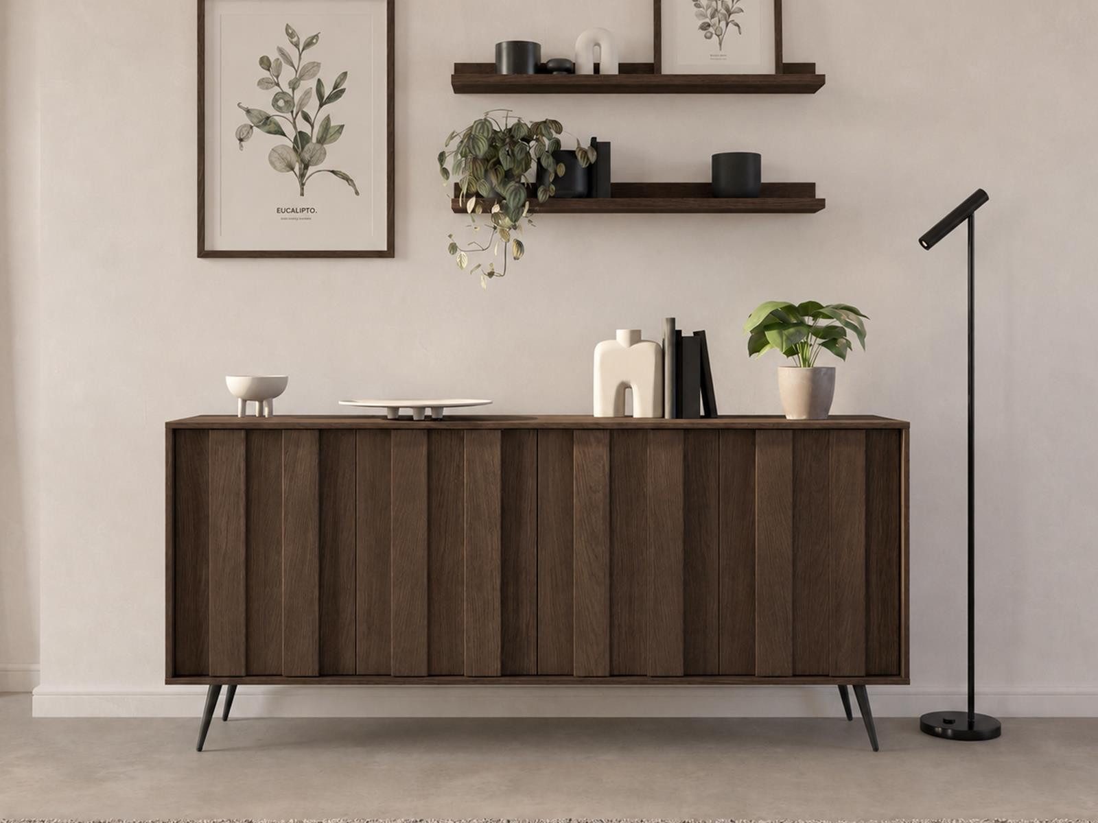 Compleo Kommode vier Türen, Design Sideboard mit LED PICO (Japandi Design), schwarz Metallfüße, Designer Möbel, MADE IN EU