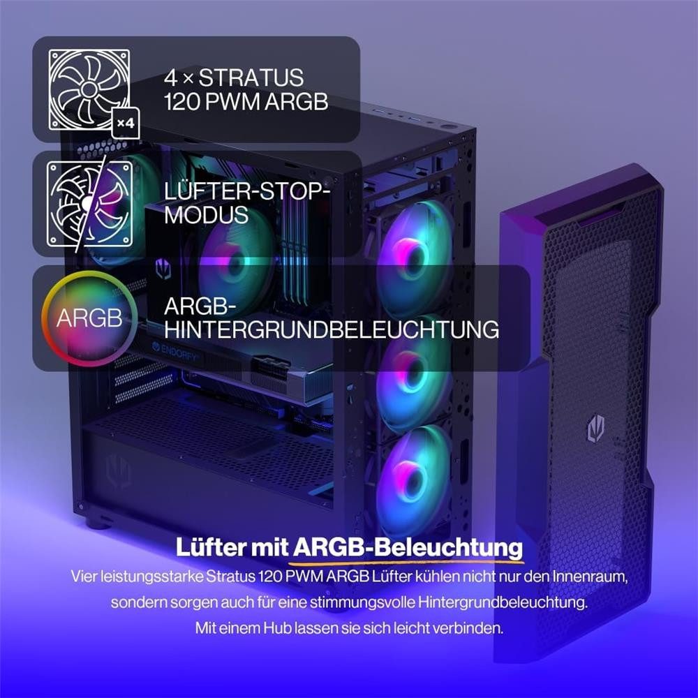 ENDORFY PC-Gehäuse Regnum 400 ARGB, ARGB, Glasfenster, 4 PWM-Lüfter, Controller, Mesh-Front