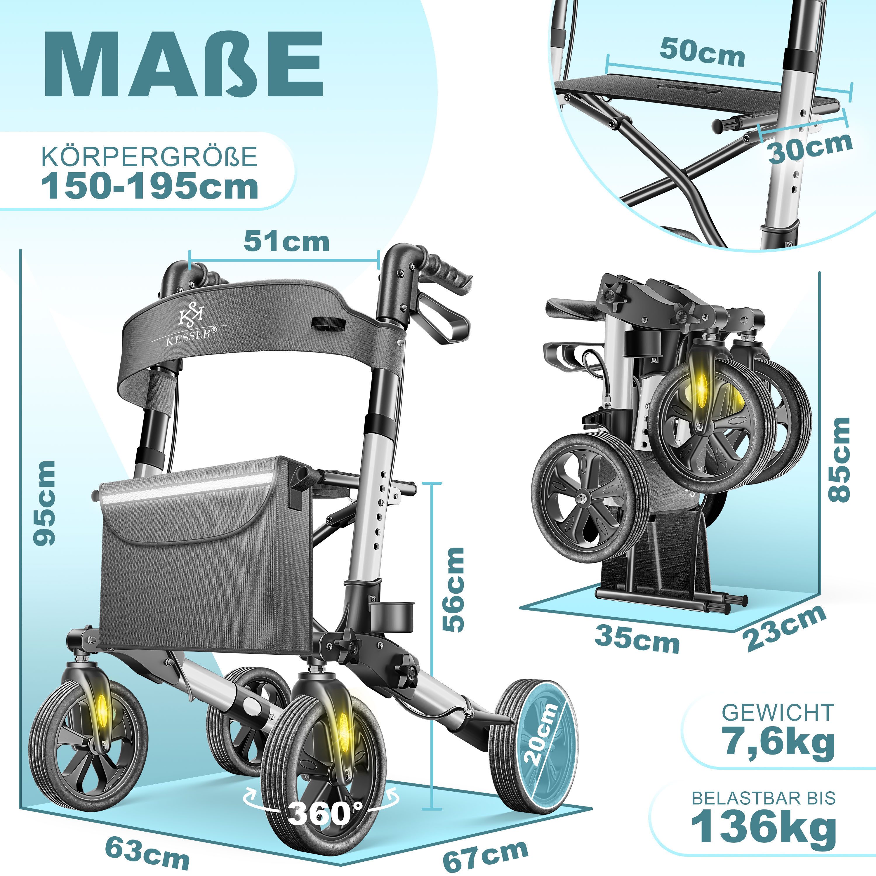 KESSER Rollator Aluminium – faltbar, höhenverstellbar & bis 136 kg belastbar, wetterbeständig, Tasche, Stockhalter, Reflektoren, 360° Gelände Reifen