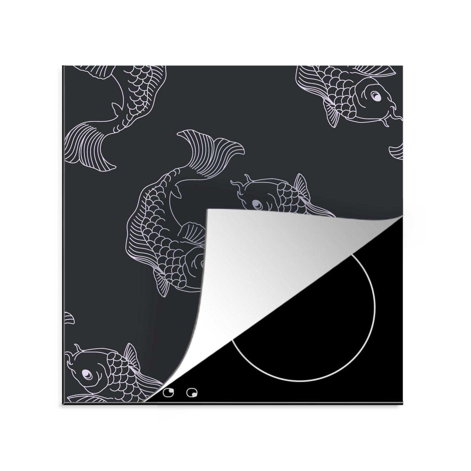 MuchoWow Herdblende-/Abdeckplatte Eine dunkle Illustration von Fischen in einem Muster, Vinyl, (1 tlg), 78x78 cm, Ceranfeldabdeckung, Arbeitsplatte für küche