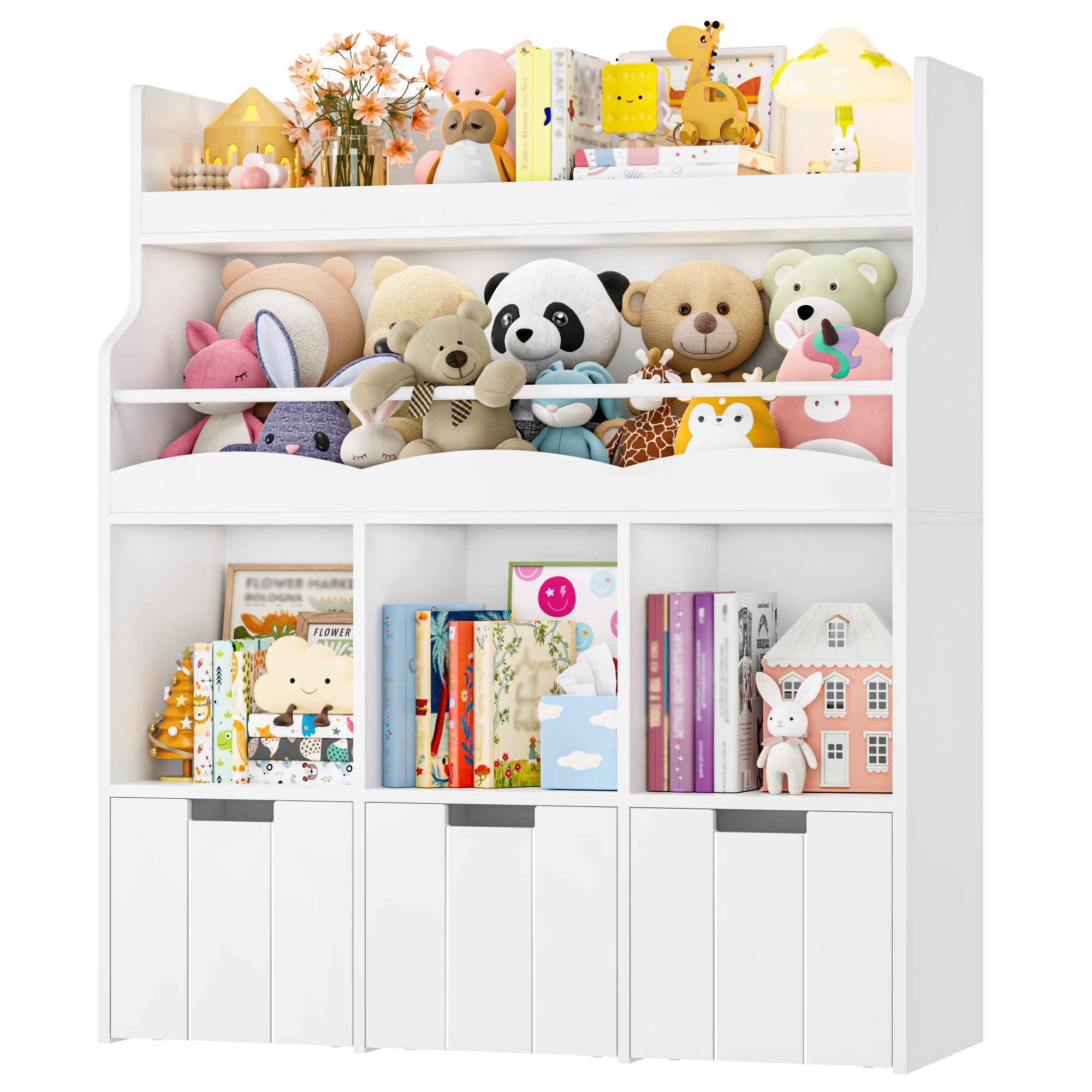HOMECHO Spielzeugtruhe Kinderregal mit 5 Fächern und Rollschubladen, Weiß Kinderbücherregal für Schlafzimmer Kinderzimmer 110x100x30cm