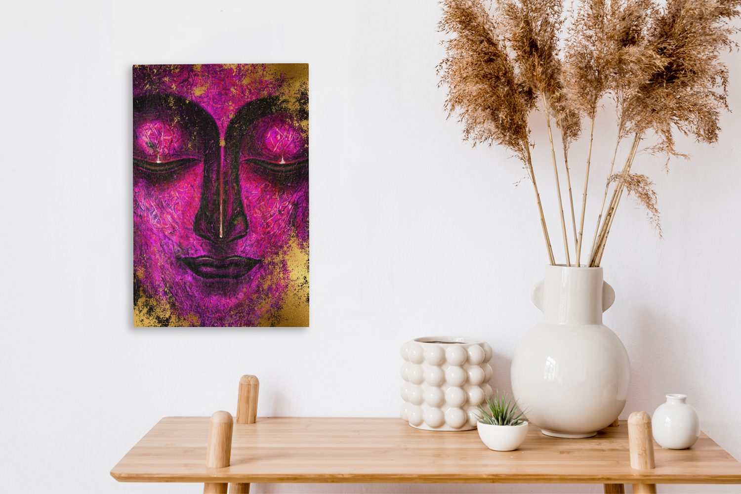 Buddha Zackenaufhänger, Gemälde, bespannt cm (1 - OneMillionCanvasses® St), inkl. Leinwandbild Gesicht fertig - Lila, Leinwandbild 20x30