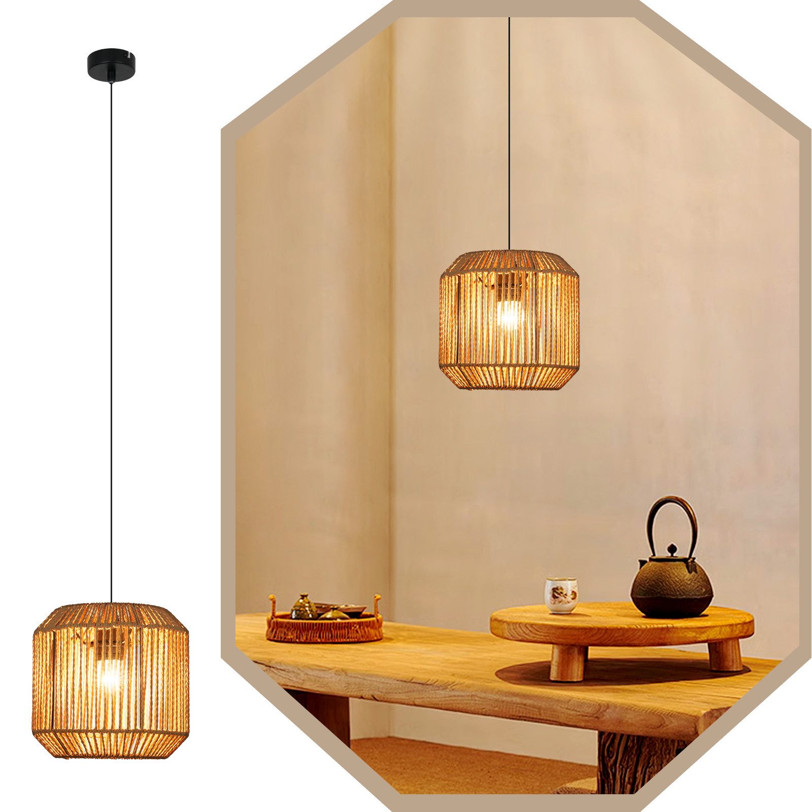 ZMH Pendelleuchte Esszimmer 1 Flammig Vintage Laterne Design Hängeleuchte E27 Flur, Hochwertige Design, ohne Leuchtmittel, laternenförmige Flechtdesign Hanfseil Esstischlampe für Schlafzimmer