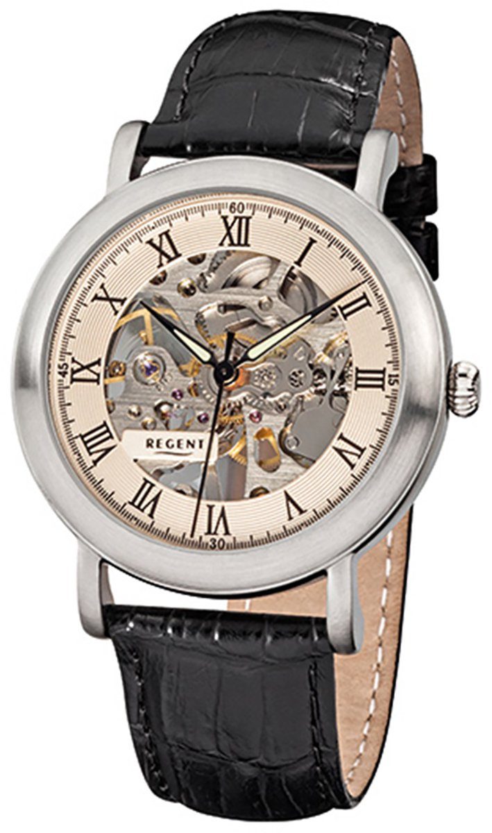Regent Quarzuhr Regent Herren-Armbanduhr schwarz 40mm), Handaufzug Armbanduhr (ca. groß Analog, Herren Lederarmband, rund