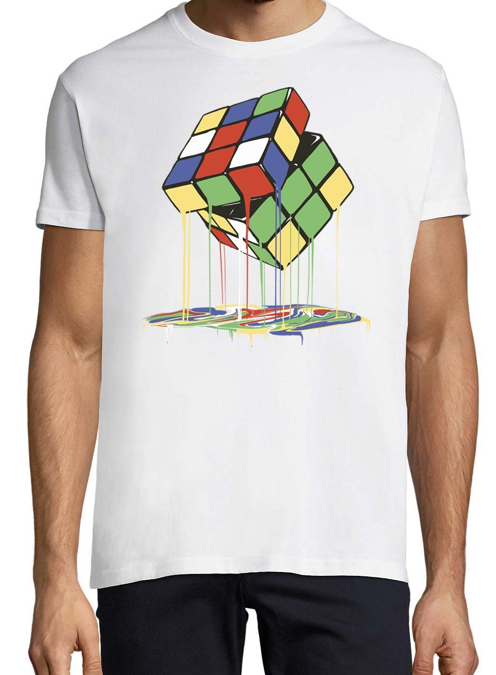 Frontdruck Designz Youth T-Shirt Melting Trendigem mit Herren Weiss Magic Cube Shirt