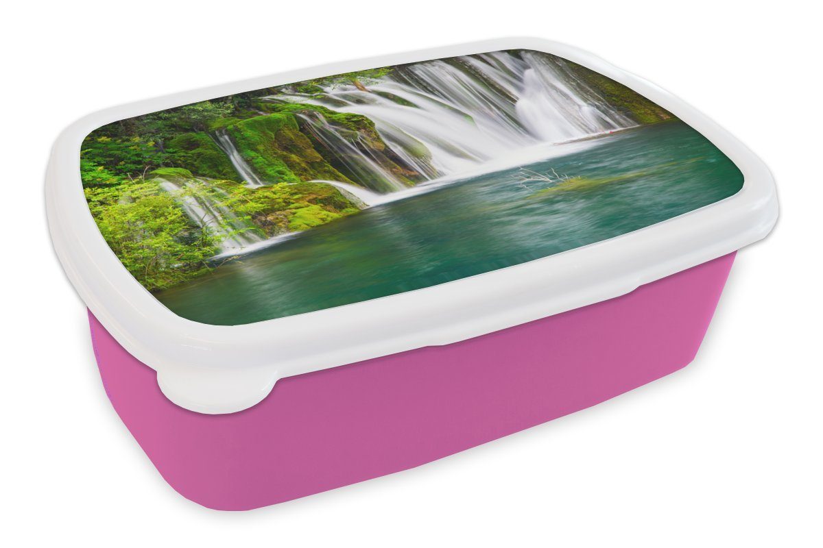 MuchoWow Lunchbox Verschiedene Wasserfälle im Erawan-Nationalpark in Thailand, Kunststoff, (2-tlg), Brotbox für Erwachsene, Brotdose Kinder, Snackbox, Mädchen, Kunststoff rosa