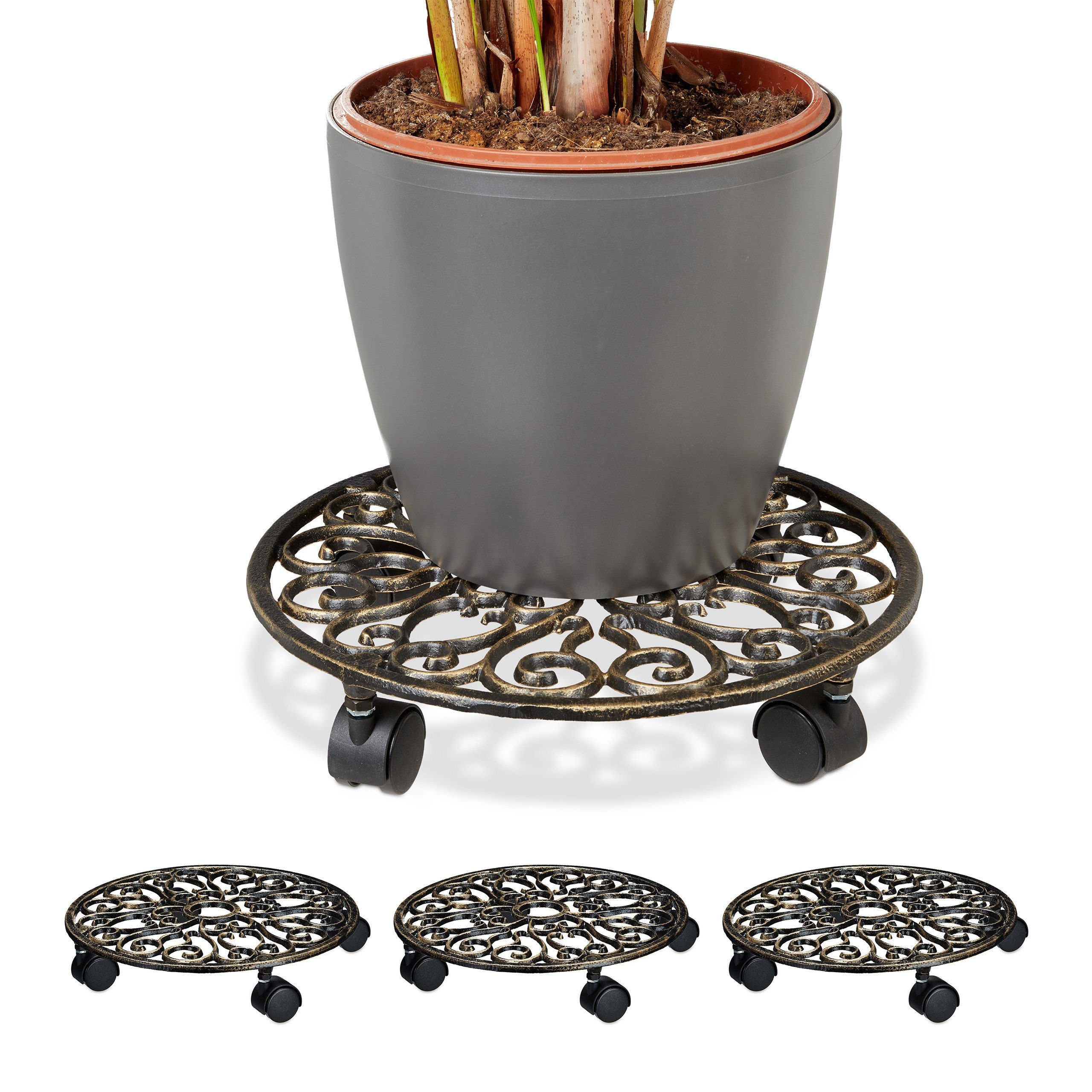 Blumentopfuntersetzer 4 x Pflanzenroller Gusseisen rund